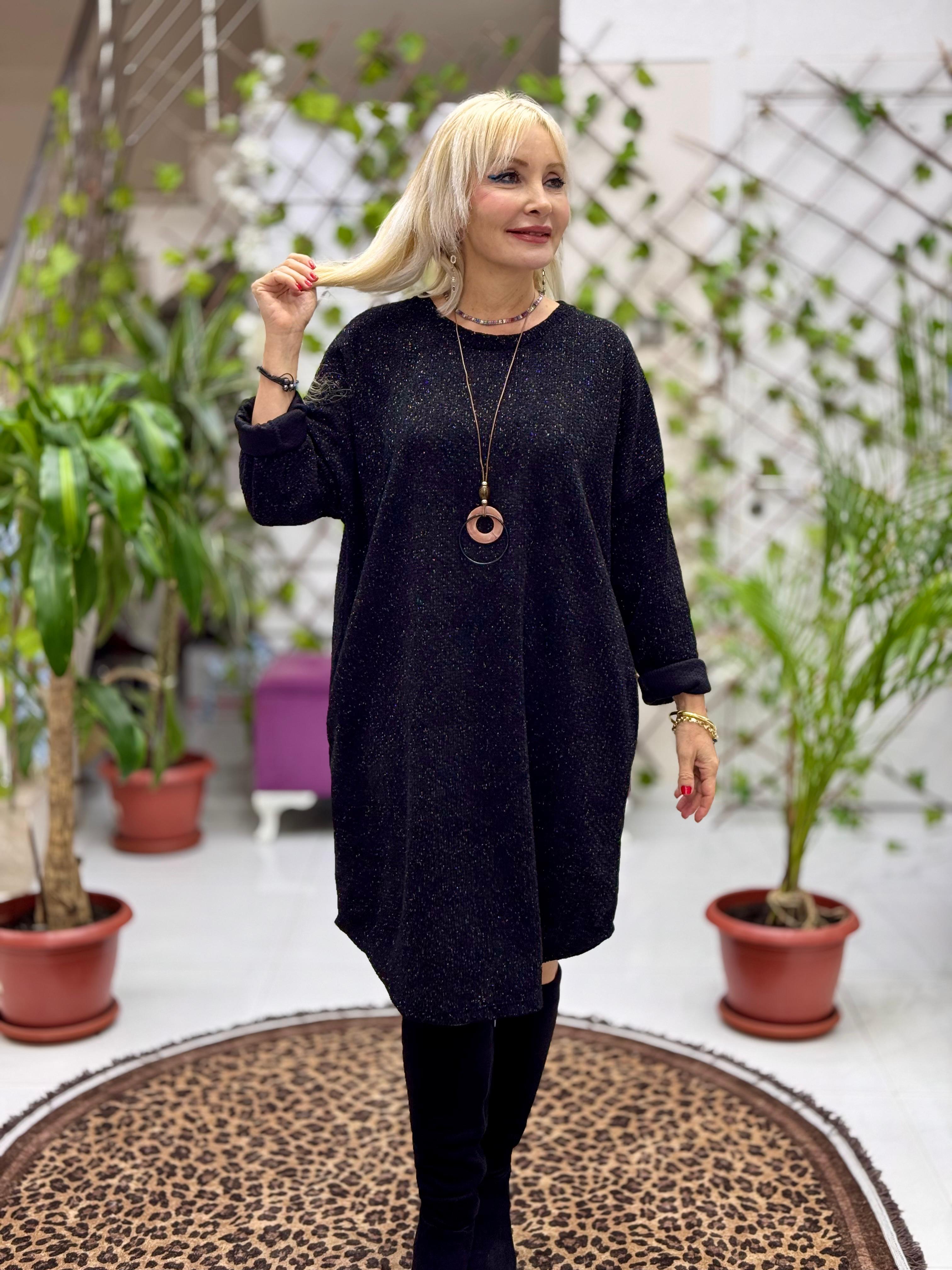 NC25158 Simit Yaka Kolyeli Simli İtalyan Kadife Elbise Siyah