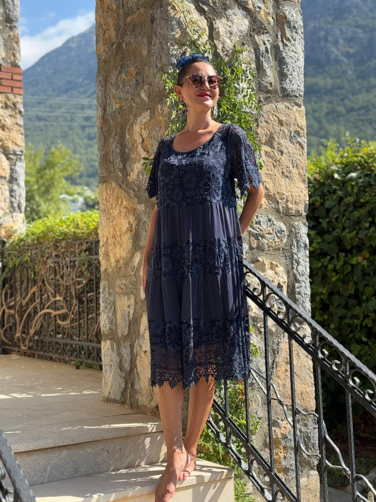 NCC10337 İtalyan İpek Elbise Lacivert