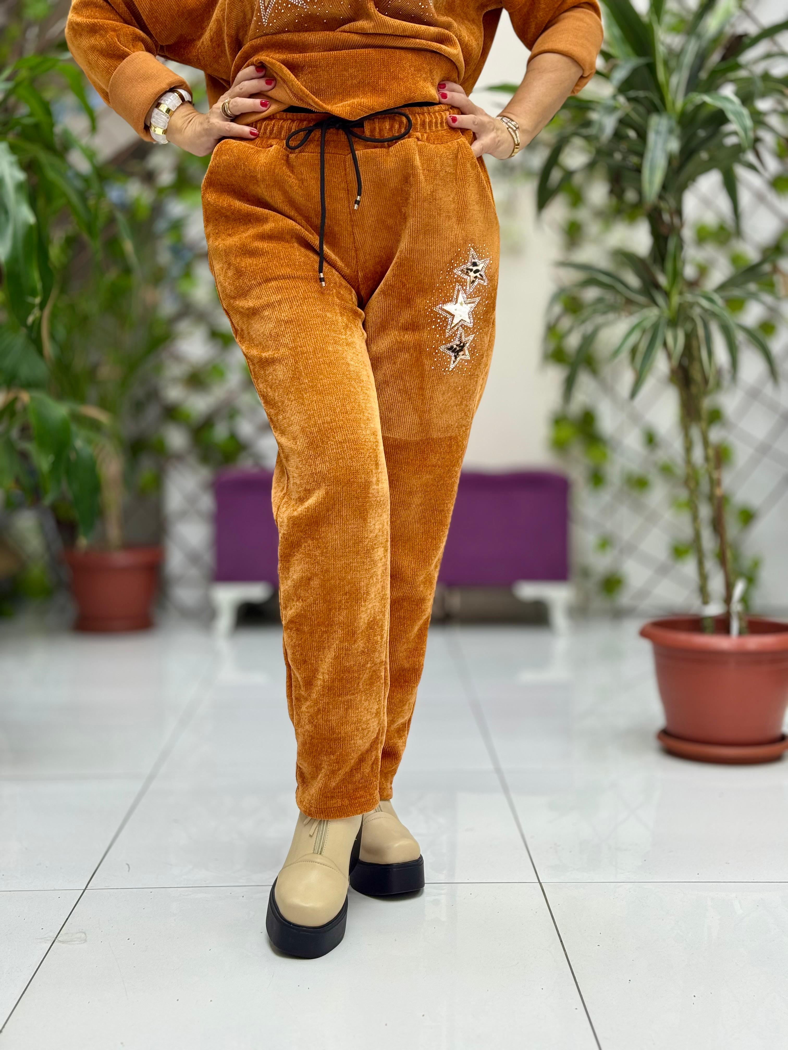 NC23081 Yıldız Desenli Taşlı İtalyan Kadife Takım Oranj