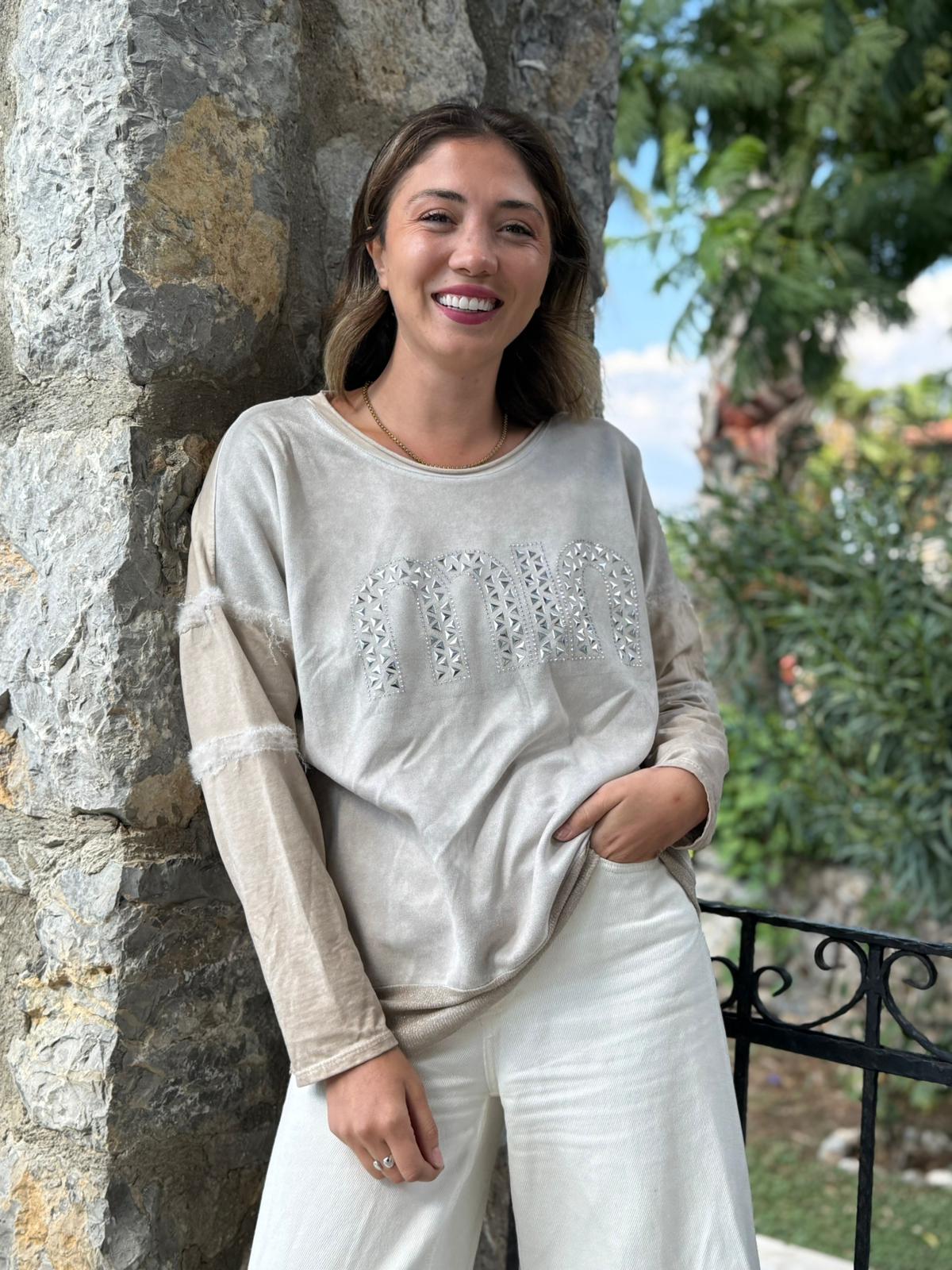 NC53659C İtalyan MIN Taşlı Coton Sweatshirt Krem