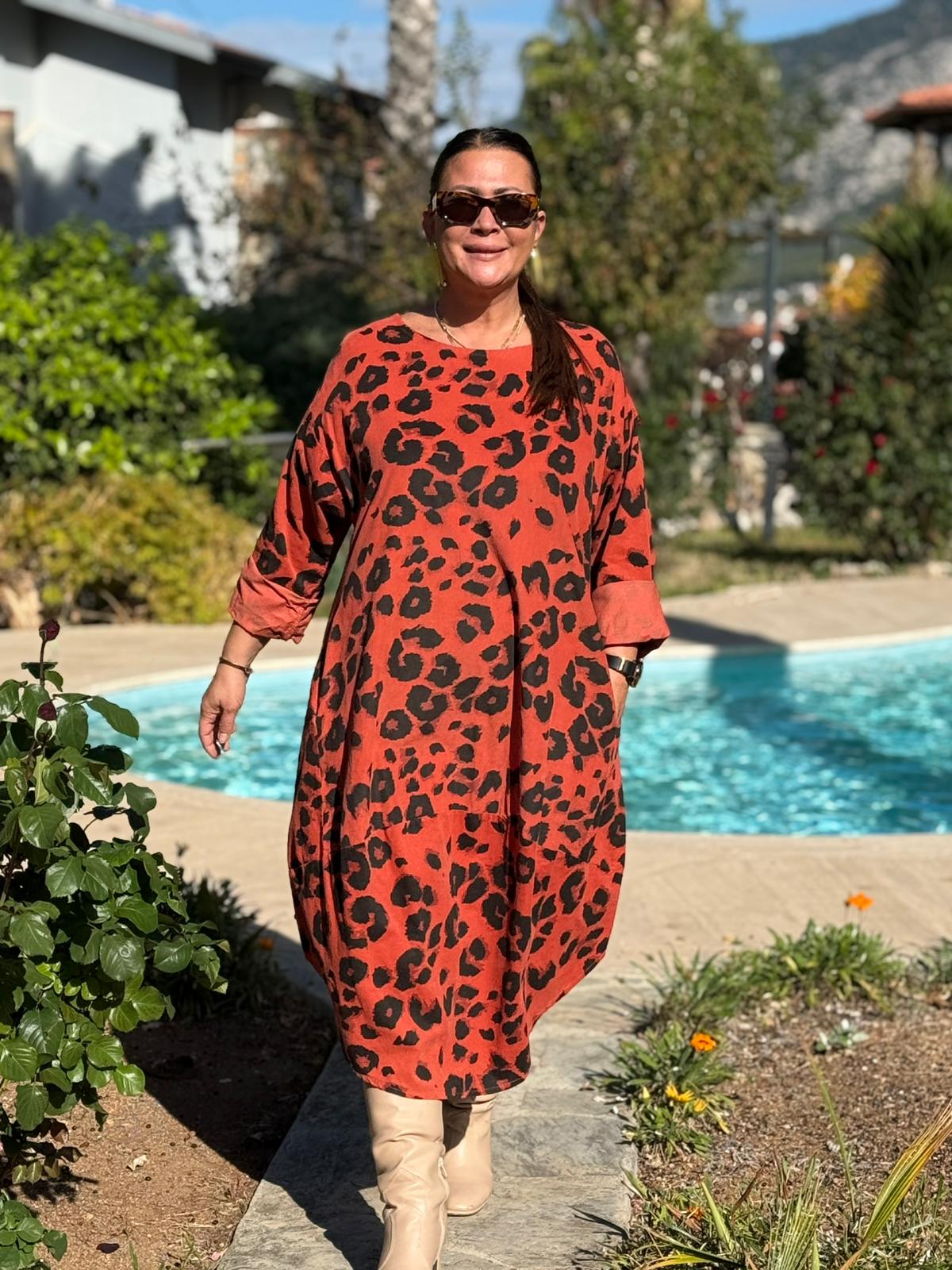 YG12231 Leopar Desenli İtalyan Kadife Elbise Kiremit