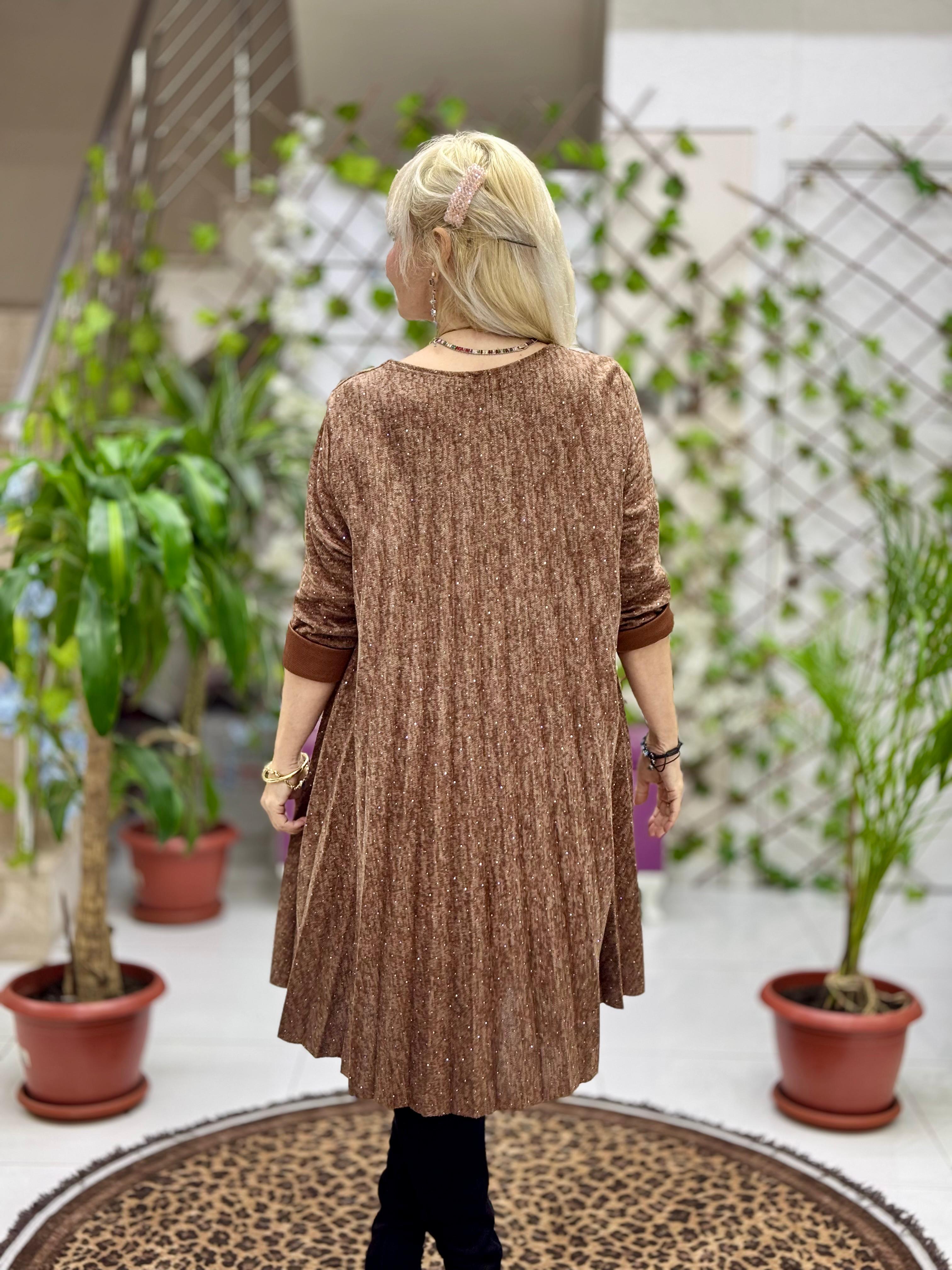 NC21419 Kolyeli Taşlı Pileli İtalyan Triko Elbise Camel