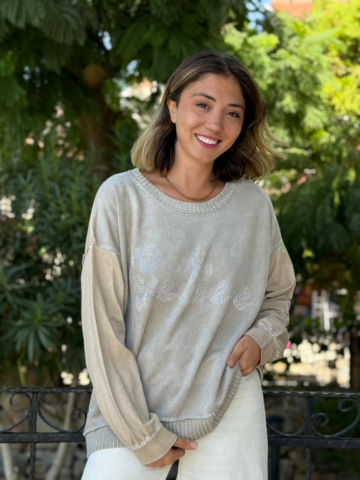 NC58939 İtalyan Believe Taşlı Sweatshirt Haki