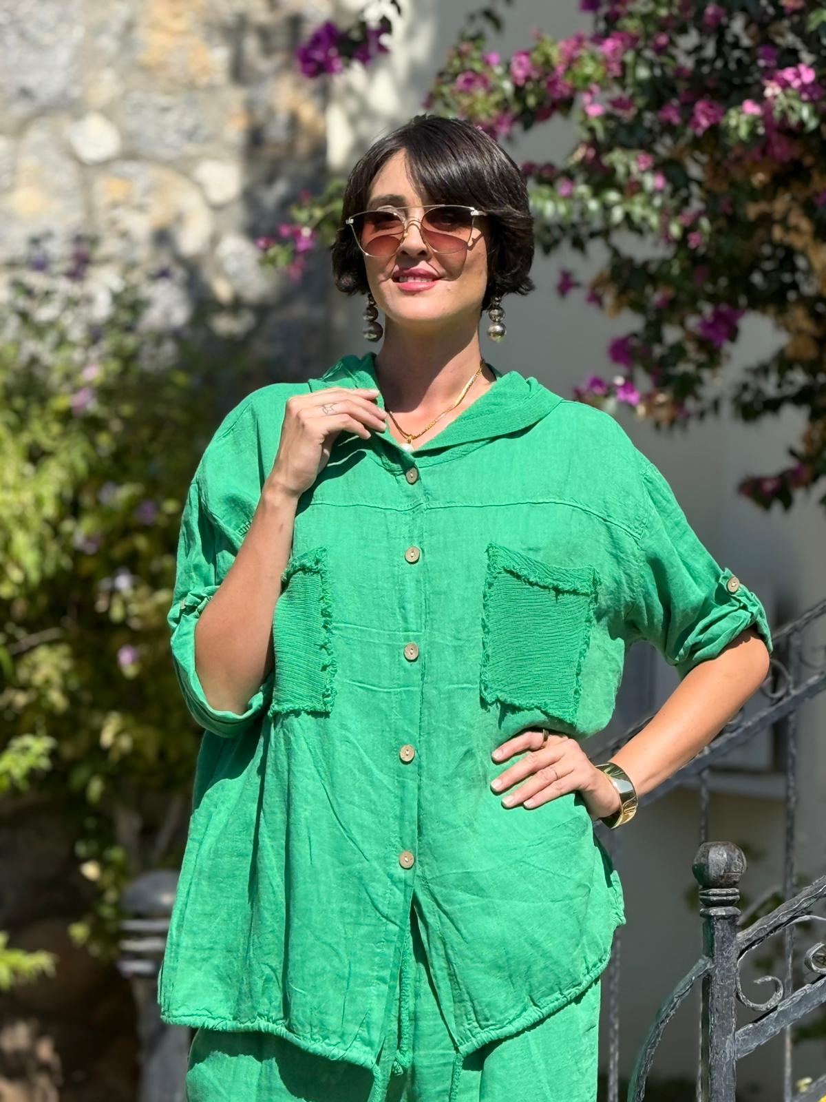 PT2256 İtalyan Önü Cepli Kapüşonlu Keten Takım Zümrüt