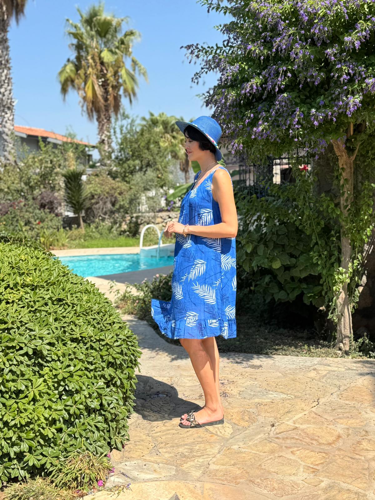 YG205070 İtalyan Yaprak Desen Coton Elbise Saks