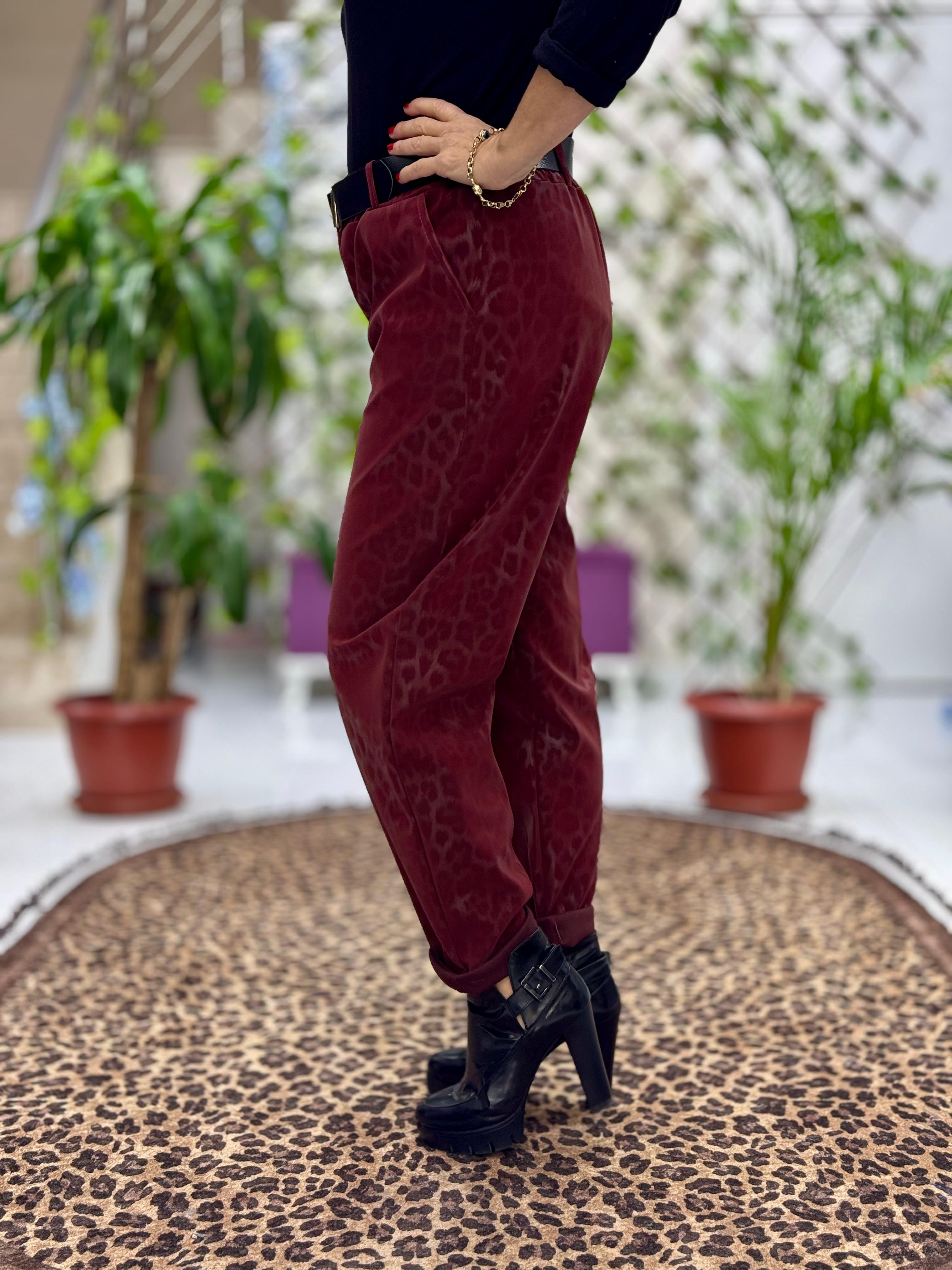 NC242976 italyan Leopar Desen Deri Pantolon Kiremit