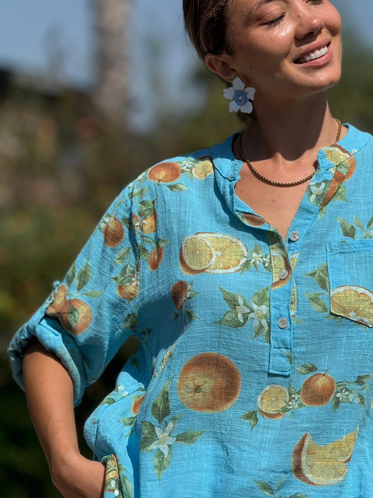 NC154553 İtalyan Pamuk Keten Bluz Turkuaz