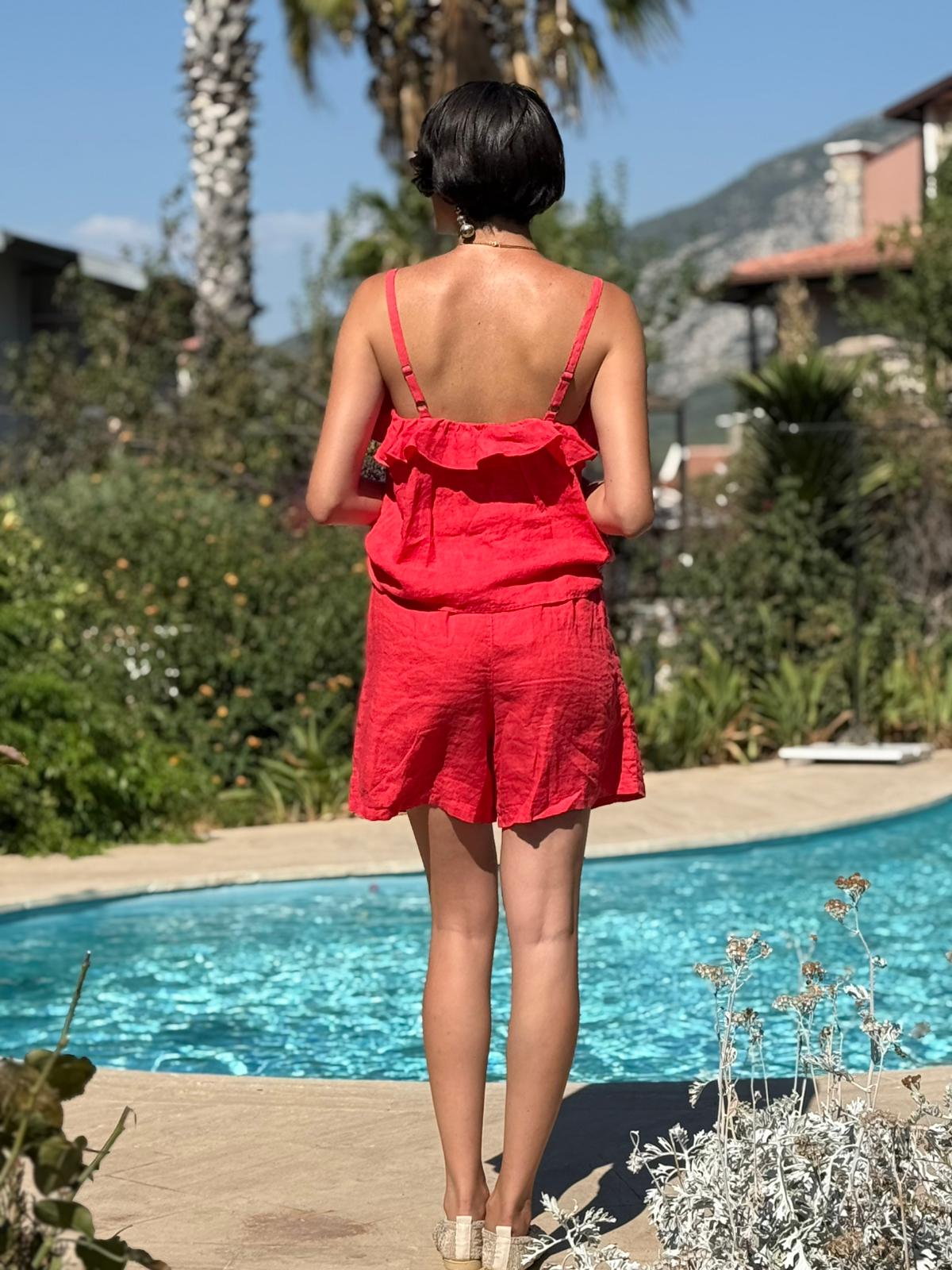 NC31621 Önü Fırfırlı Keten İtalyan Şortlu Takım Mercan