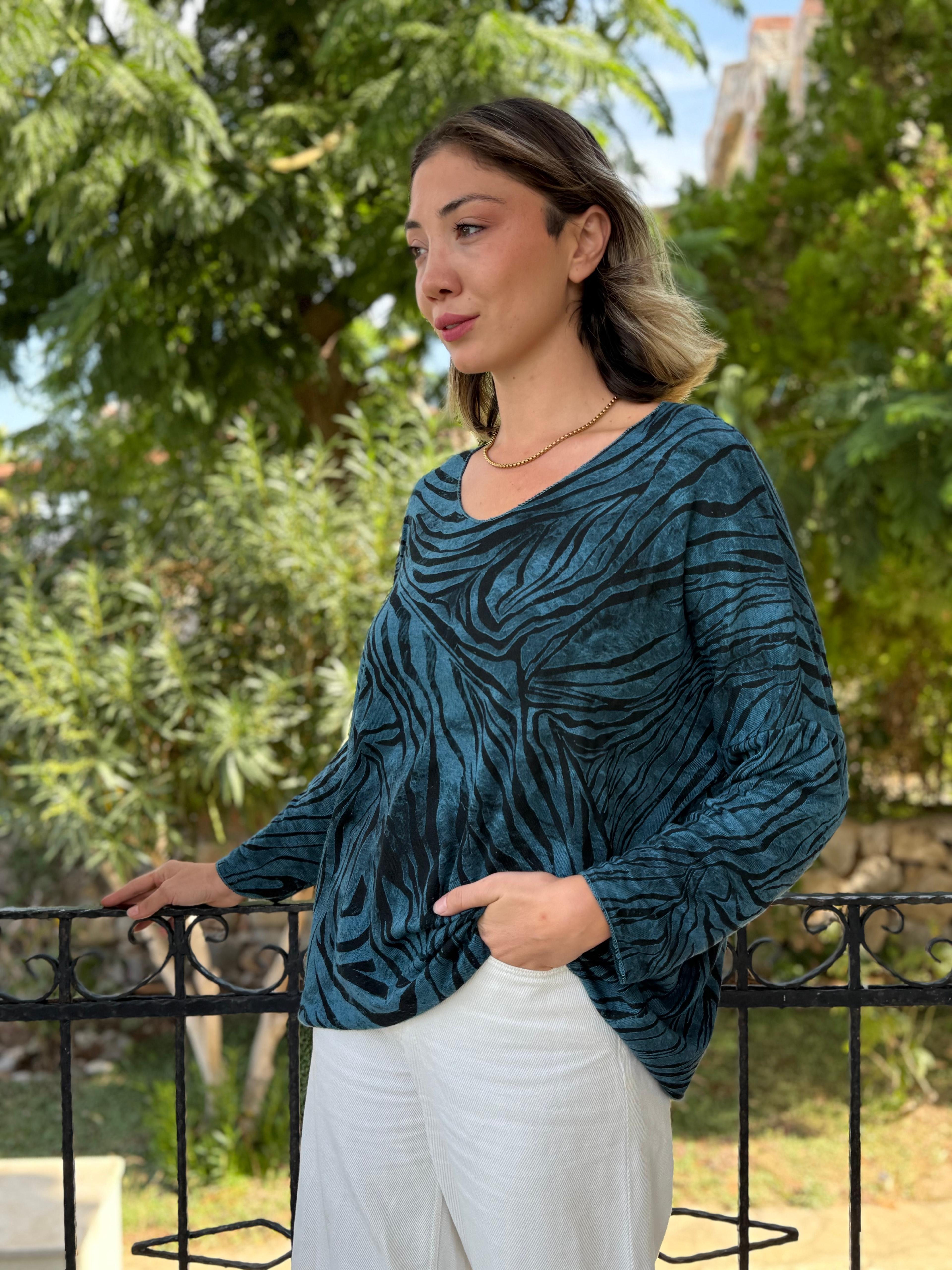 NC11285 İtalyan V Yaka Zebra Desenli Triko Bluz Petrol