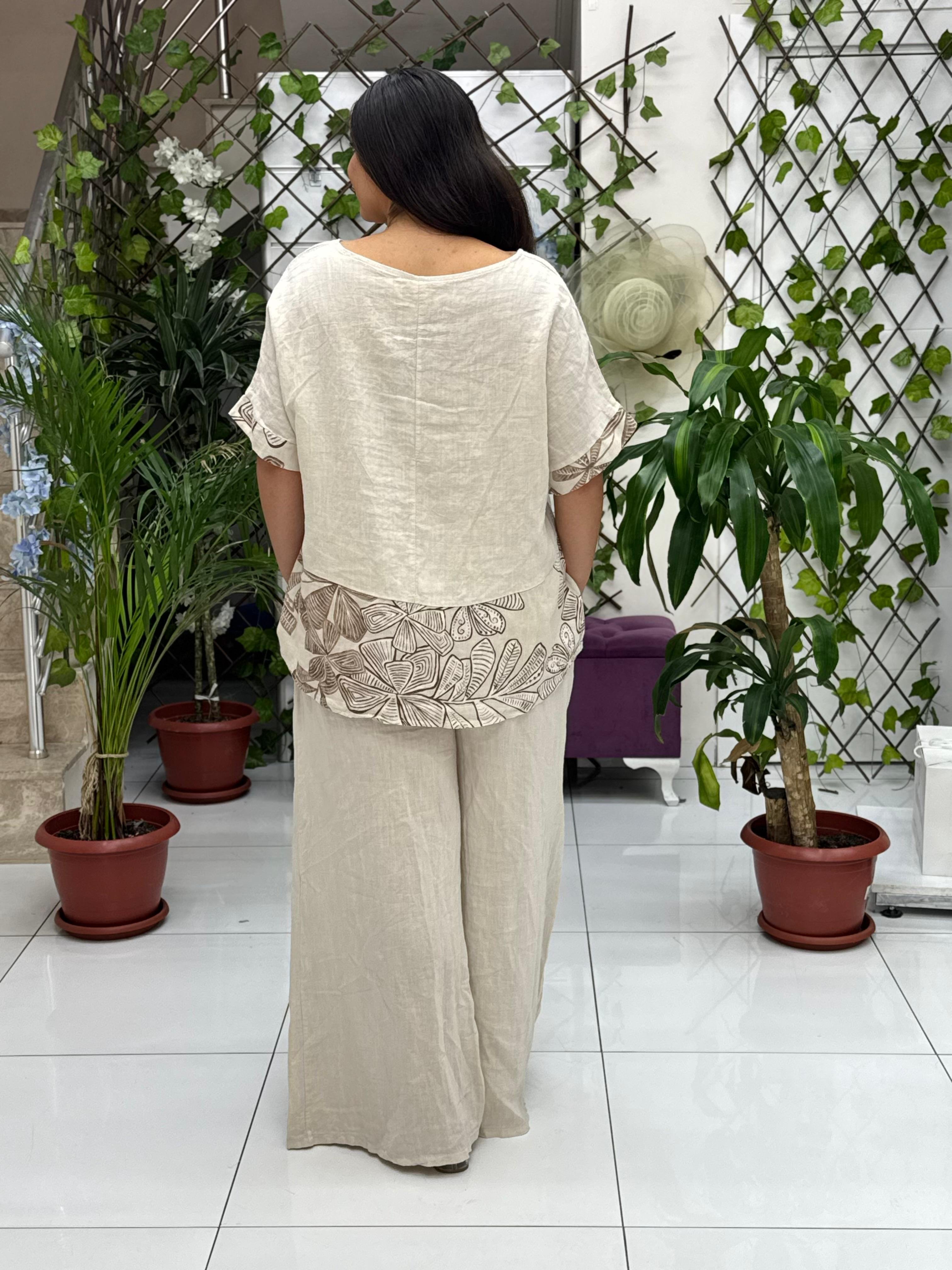 NC61253 İtalyan Çiçek Baskılı Keten Takım Krem