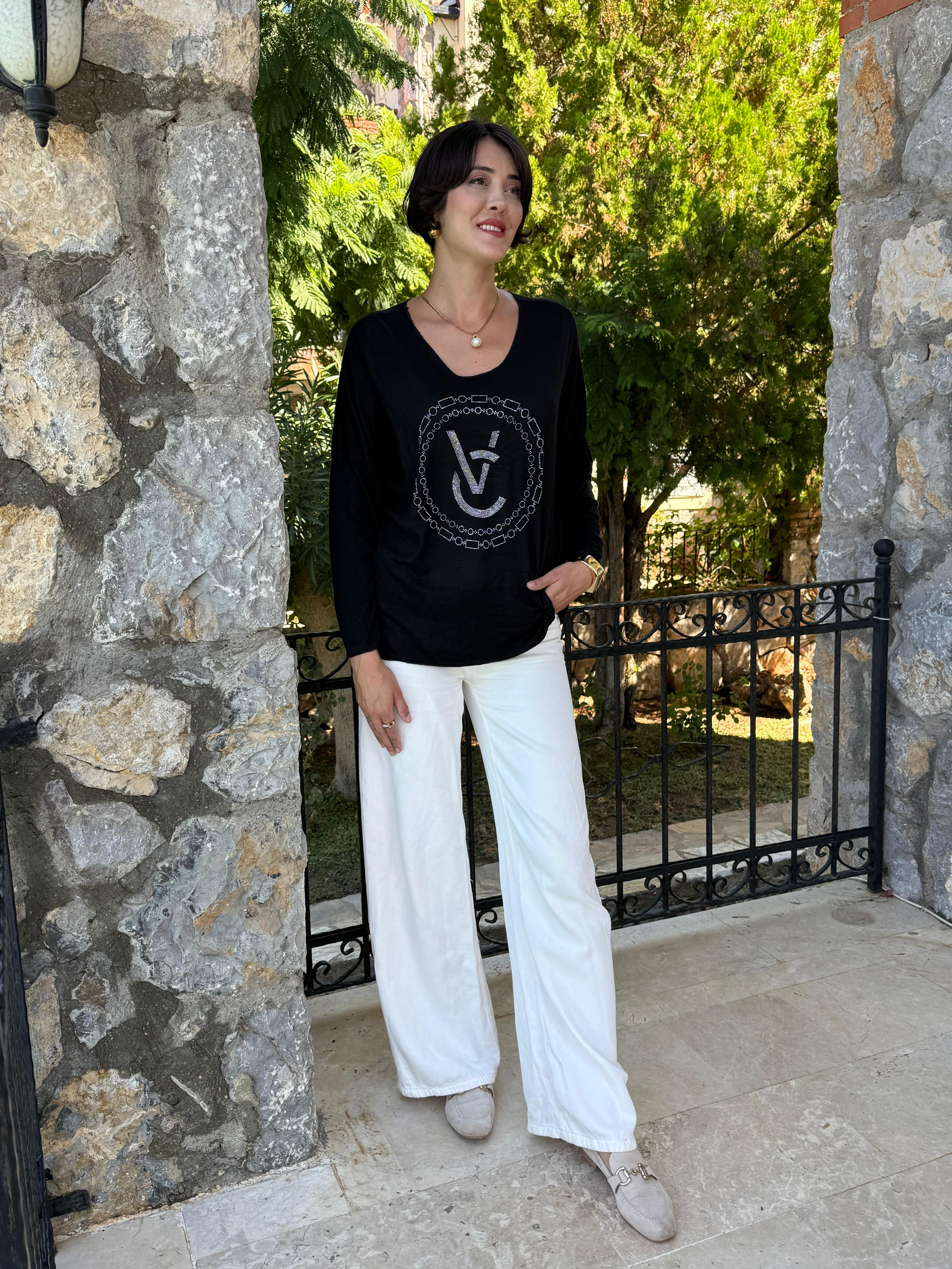 FXLS82681 İtalyan Taş Baskılı Triko Bluz Siyah