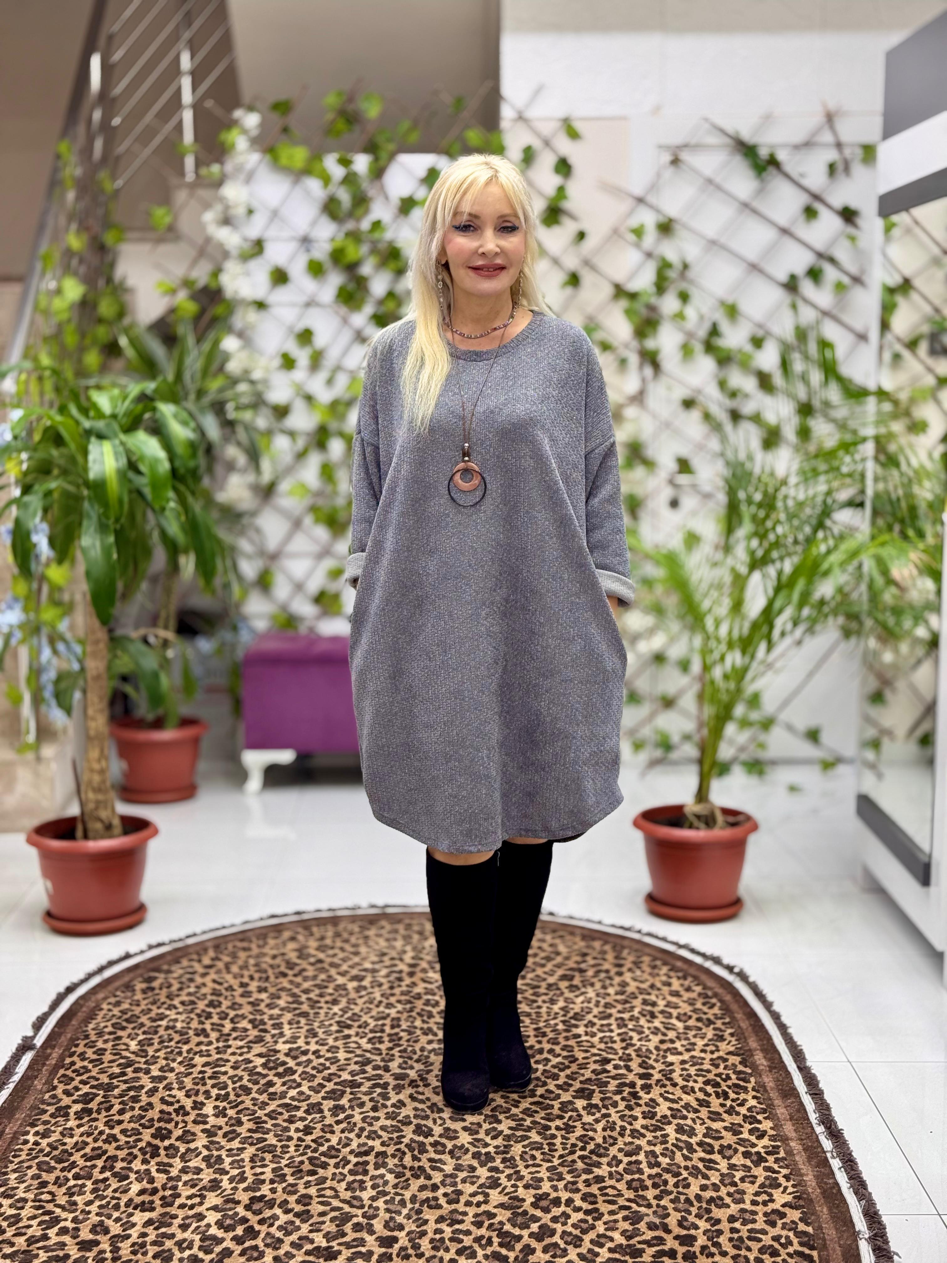 NC25158 Simit Yaka Kolyeli Simli İtalyan Kadife Elbise Gri