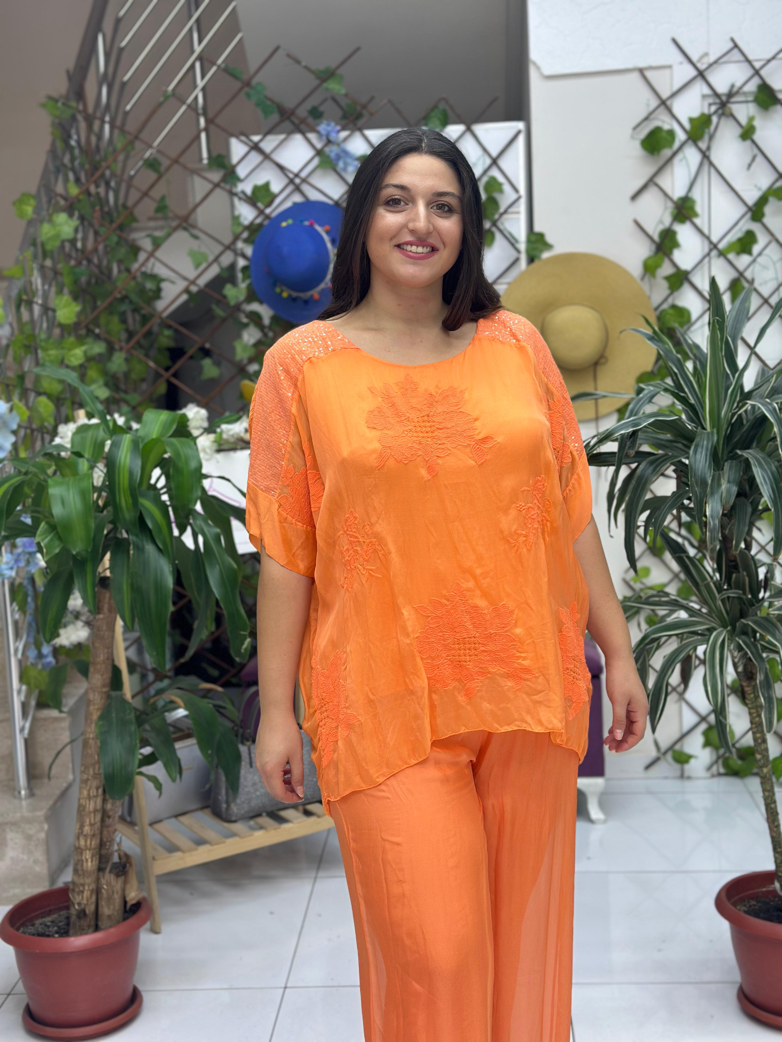 NC10087 İtalyan Güpürlü Omuz Payetli İpek Bluz Turuncu