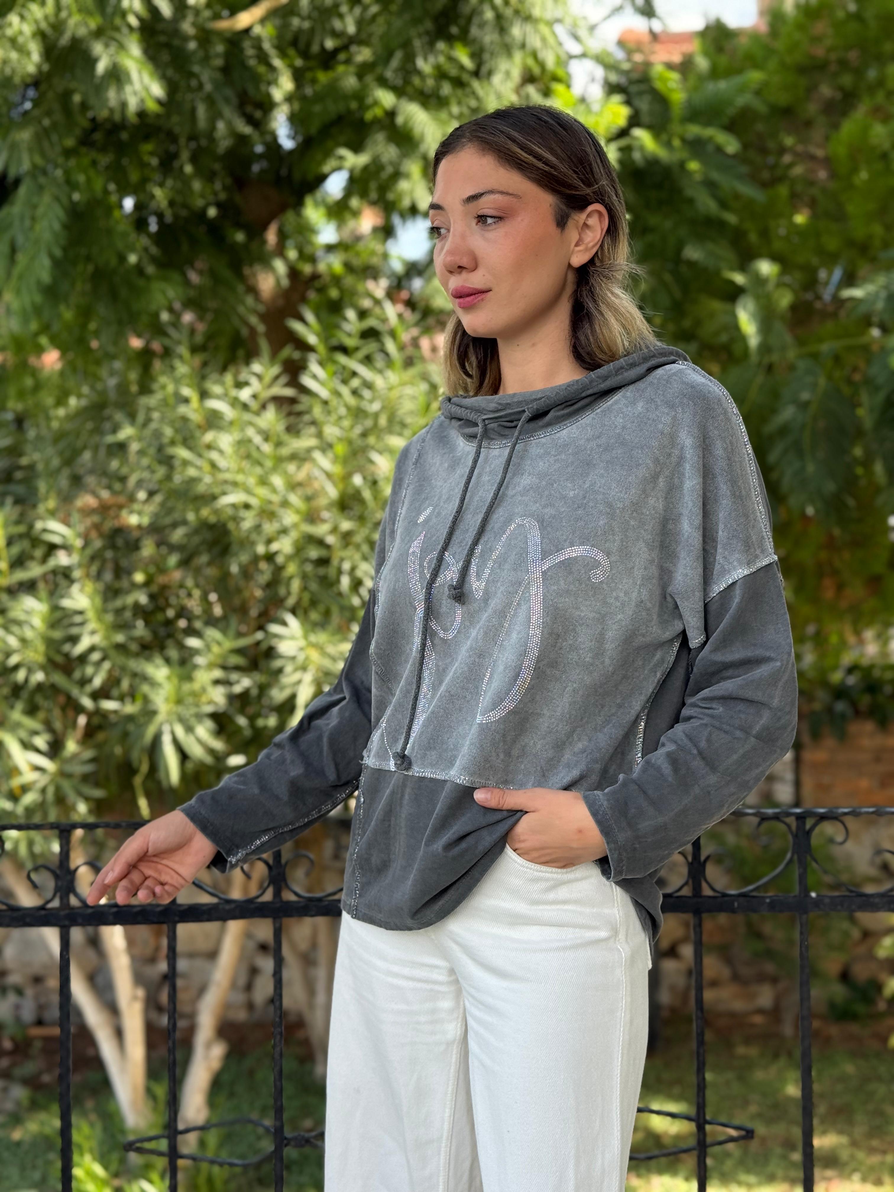 NC18533 İtalyan Joy Taşlı Kapüşonlu Coton Sweatshirt Gri