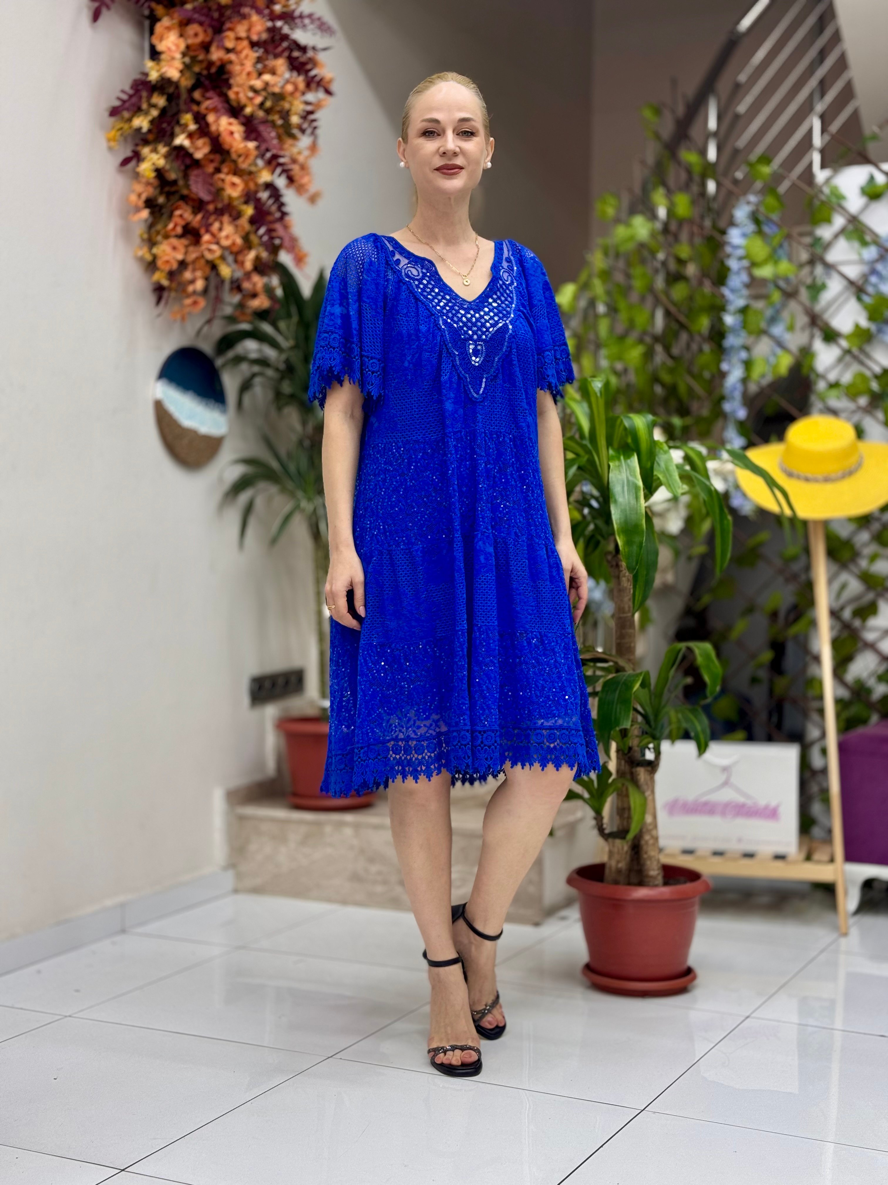 NC10813 İtalyan Pul Payetli Coton Elbise Saks