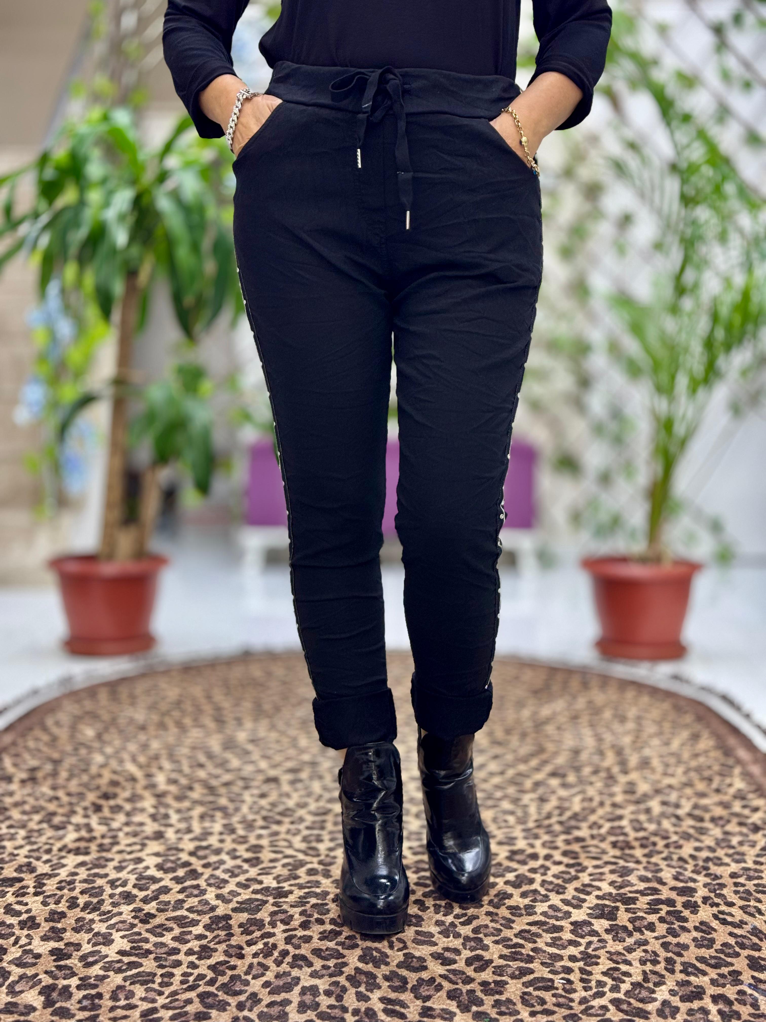 NC50208B İtalyan Yanlar Taşlı Coton Pantolon Siyah