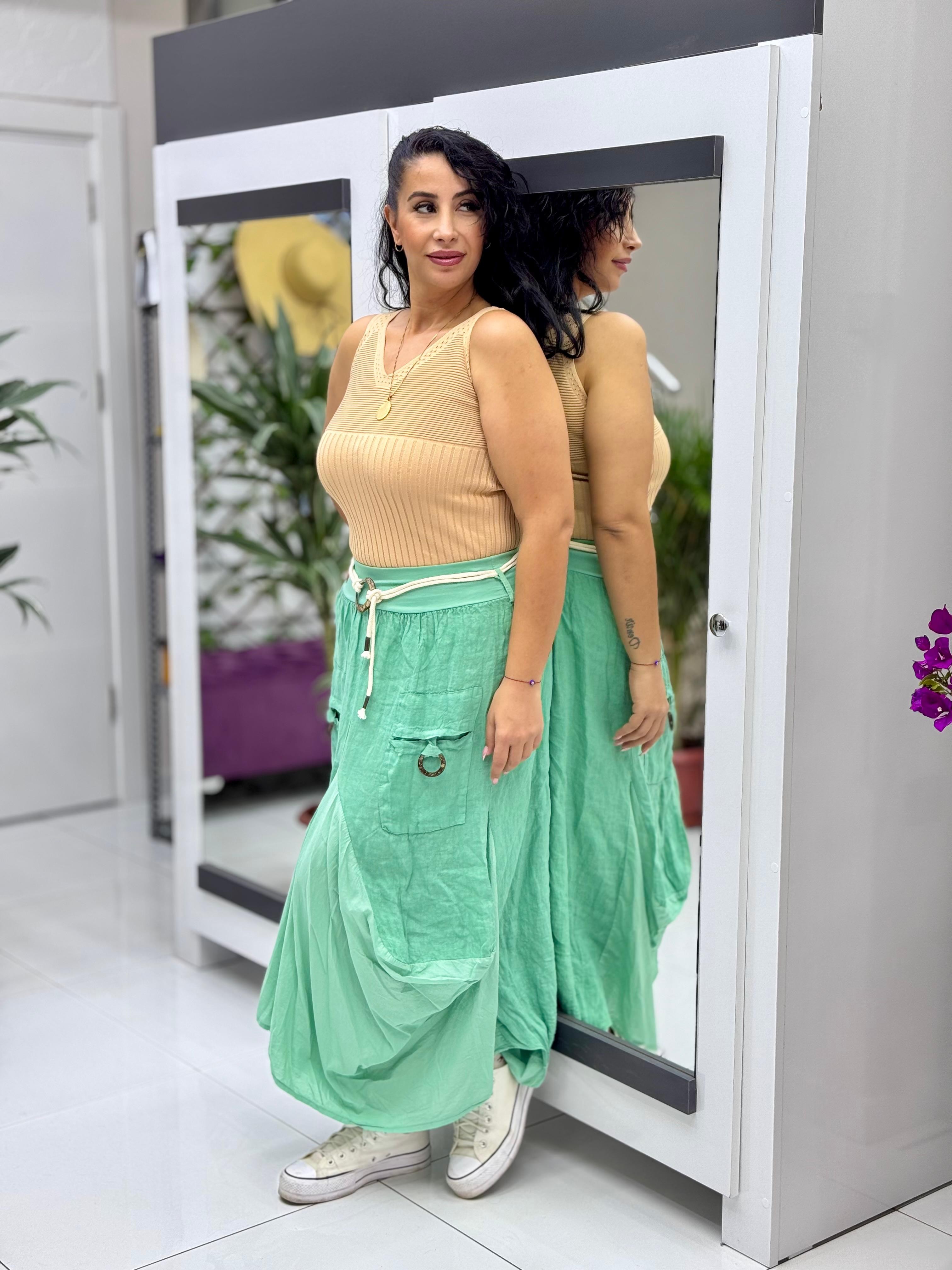 P2835 İTALYAN KETEN ŞALVAR PANTOLON YEŞİL