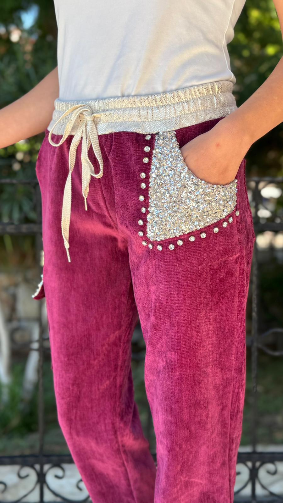 LS13220 İtalyan Cebi Taşlı Kadife Pantolon Vişne