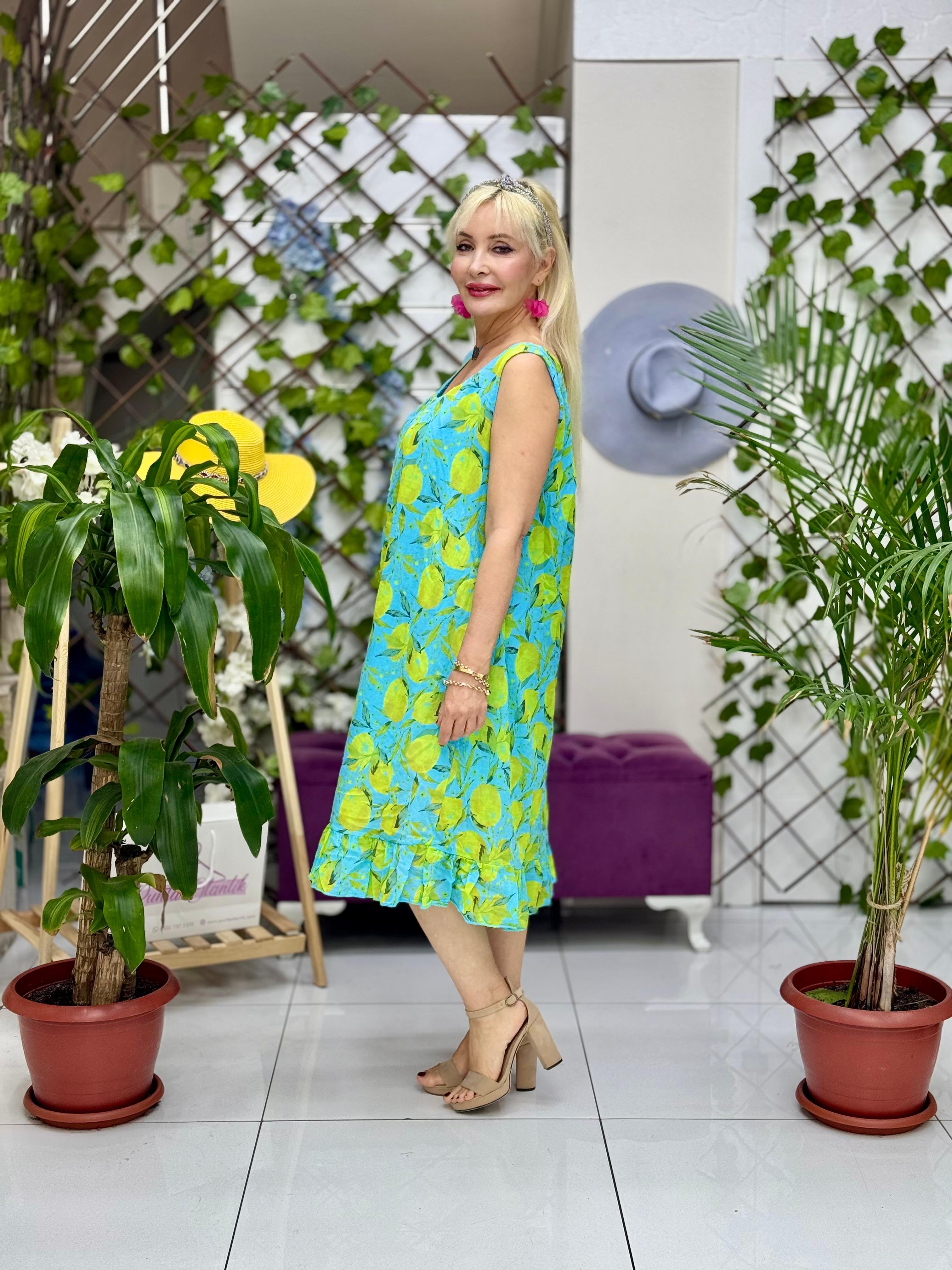 YG205030 İtalyan Coton  Limon Desen Elbise Turkuaz