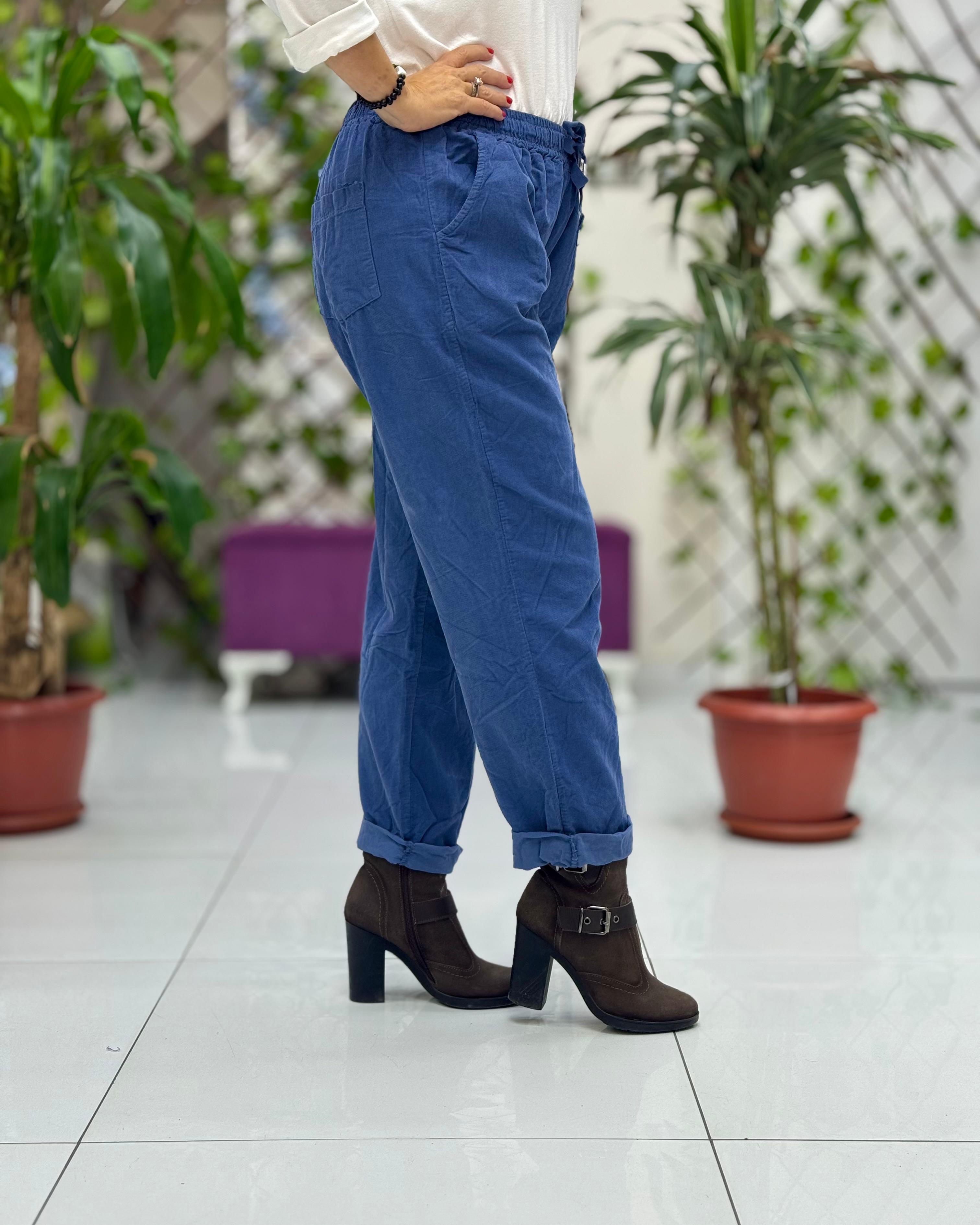 YG3005 Beli Bağcıklı İtalyan Kadife Pantolon Marin