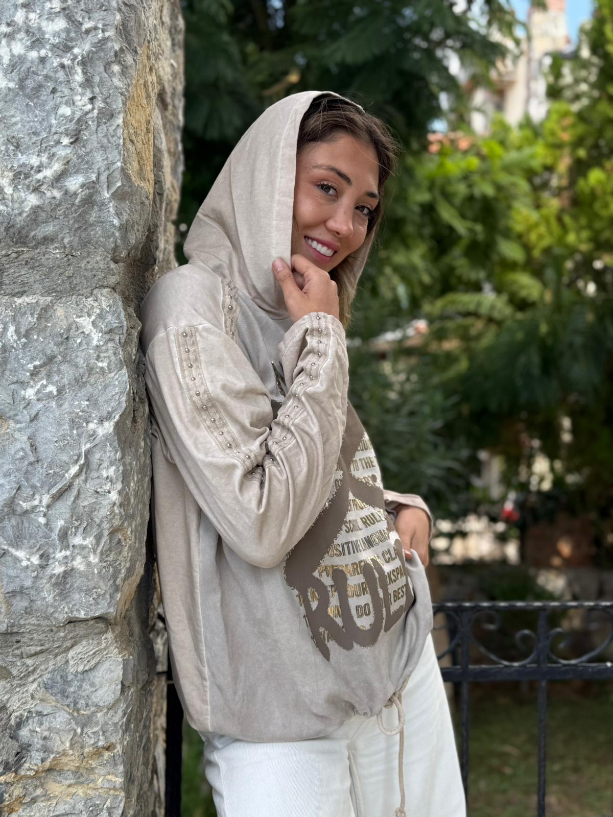 NC59085 İtalyan Yazı Baskılı Kol Zımbalı Kapişonlu Sweatshirt Krem