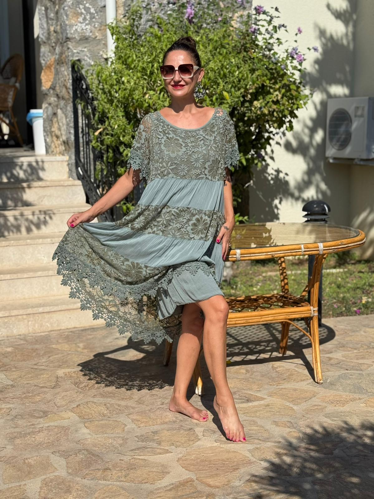 NCC10337 İtalyan İpek Elbise Haki