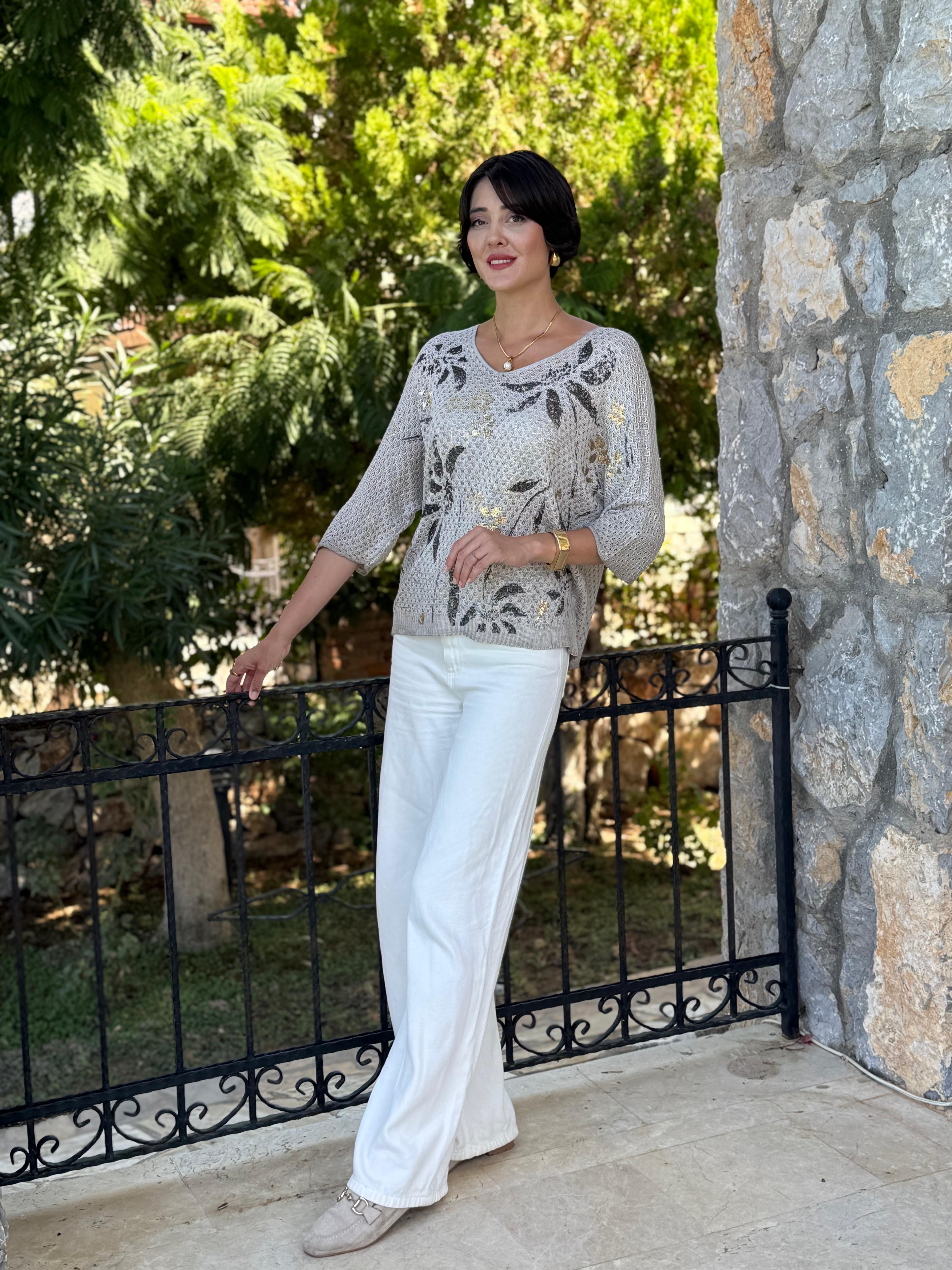 FXLS7514 İtalyan Yaprak Desen Triko Bluz Krem