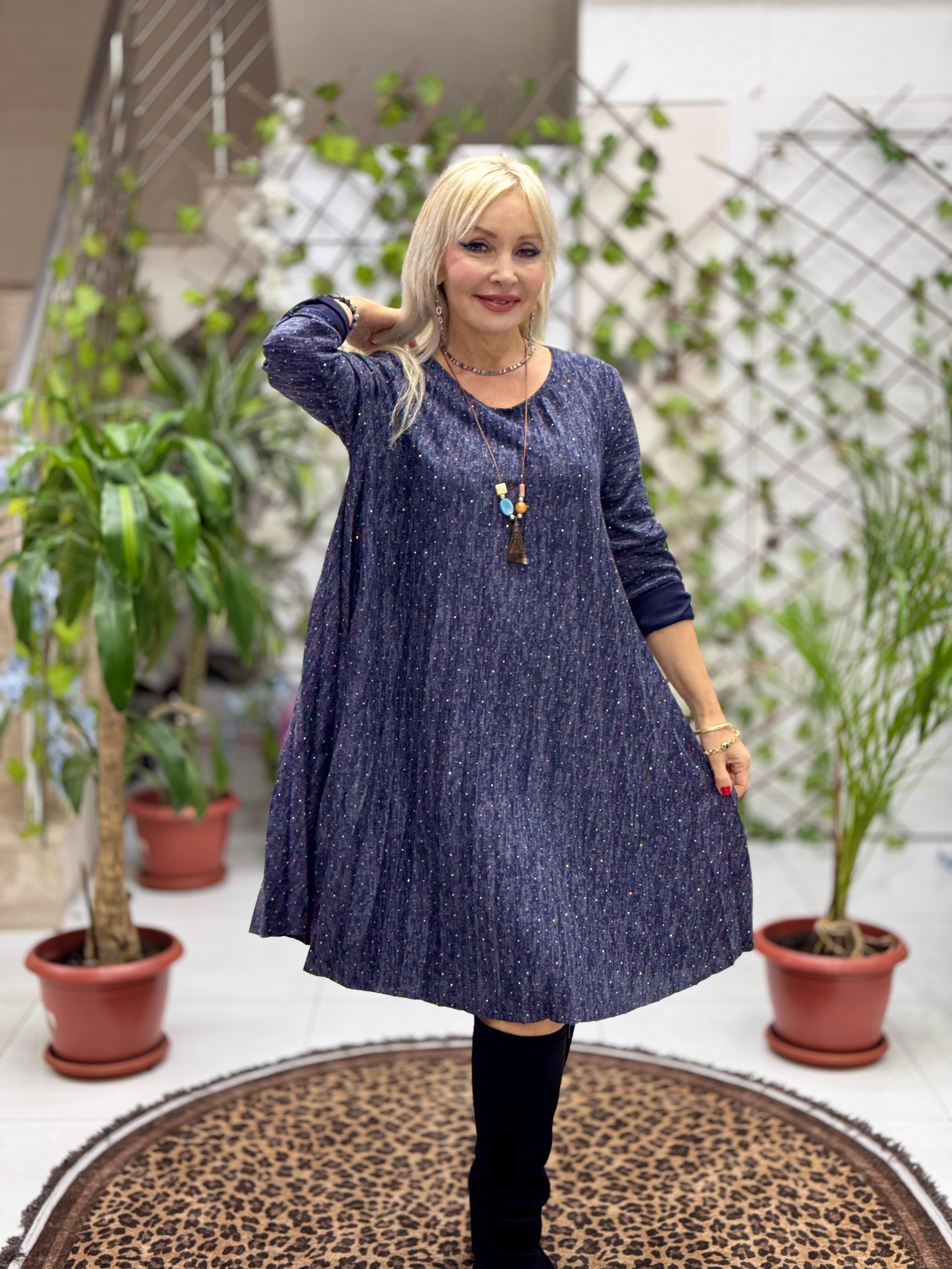 NC21419 Kolyeli Taşlı Pileli İtalyan Triko Elbise Lacivert