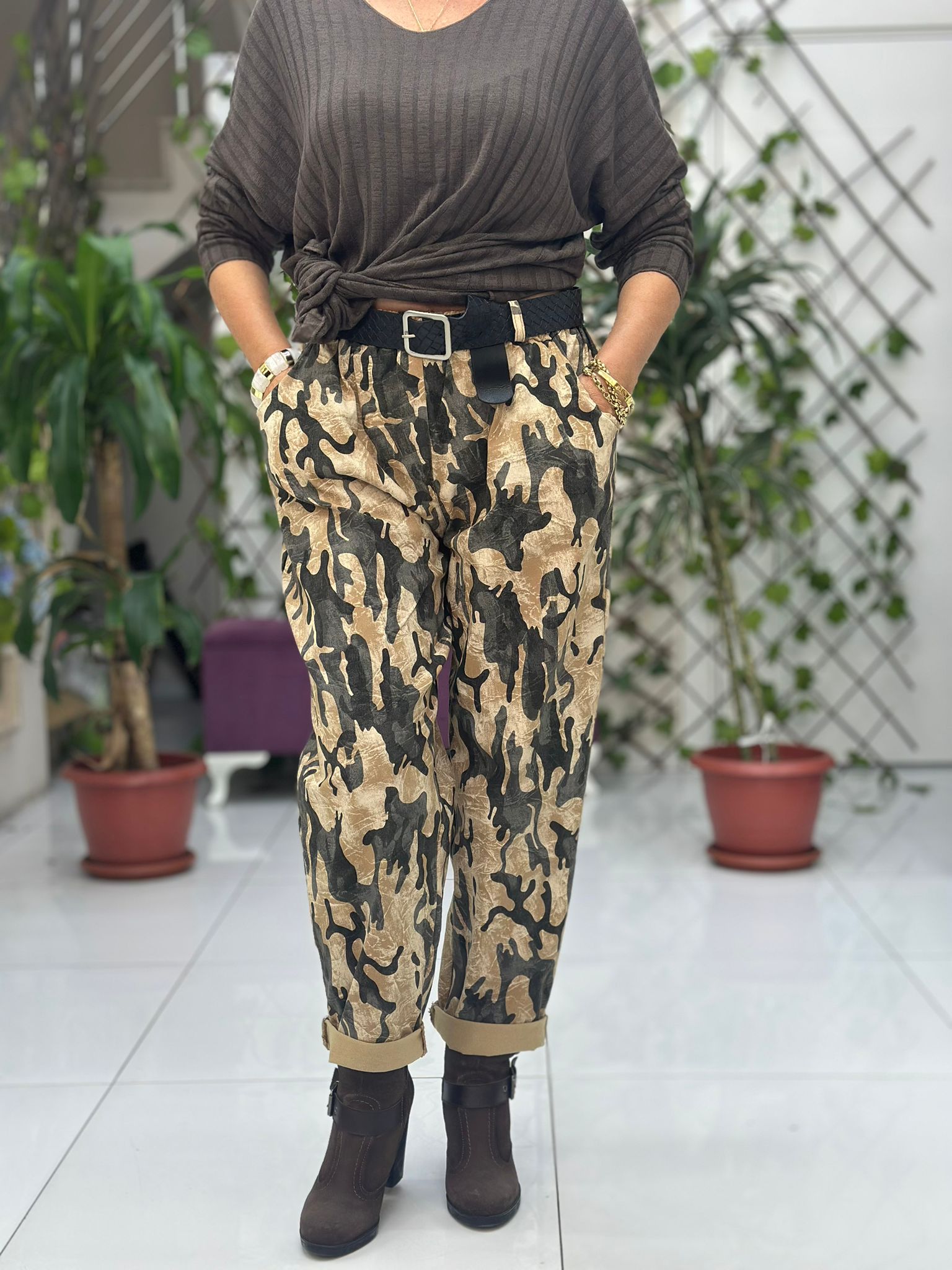 NC242975 İtalyan Kamufulaj Likralı Coton Pantolon Camel