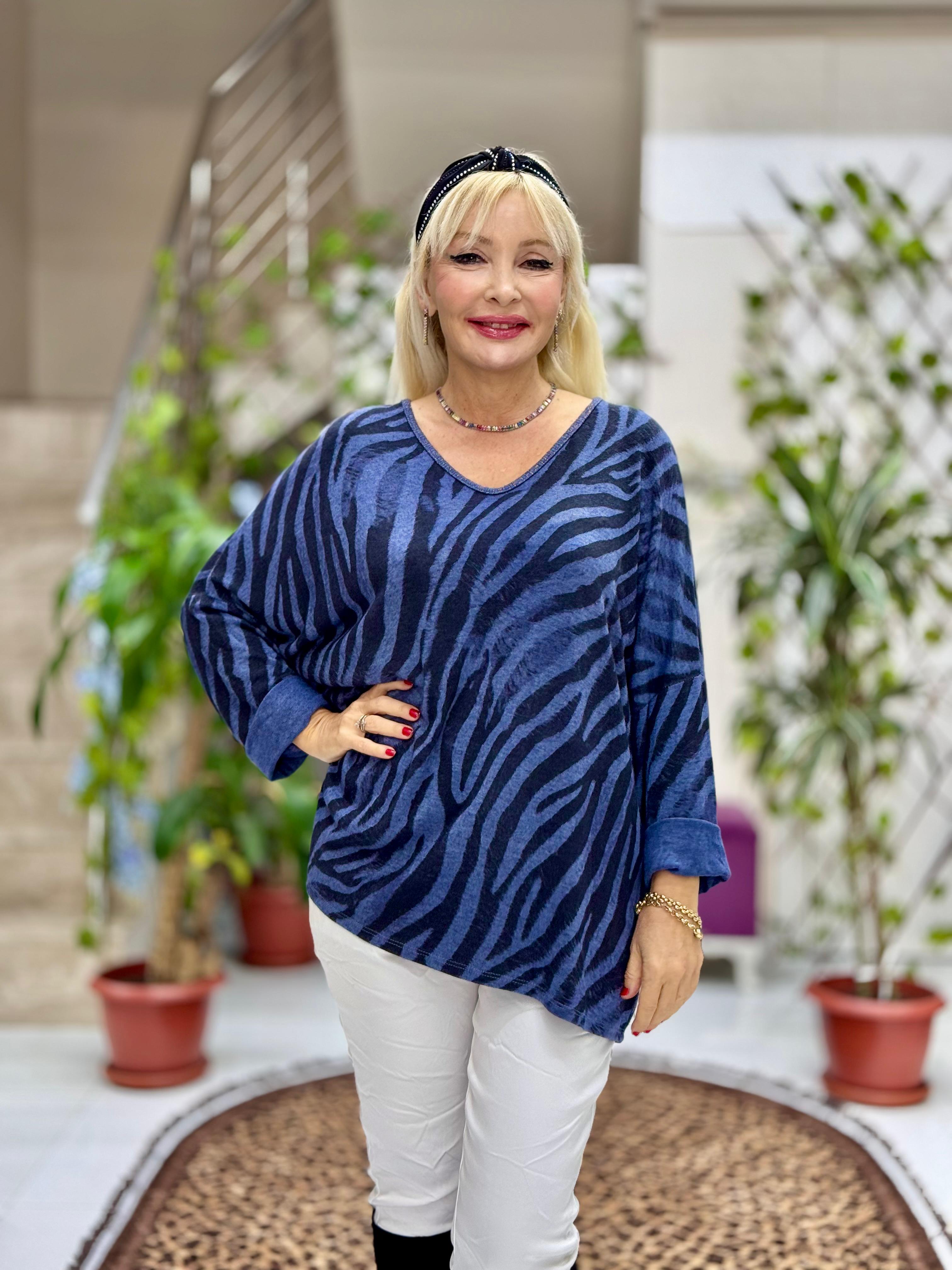 YG13003 Zebra Desen V Yaka Simli İtalyan Triko Bluz Mavi