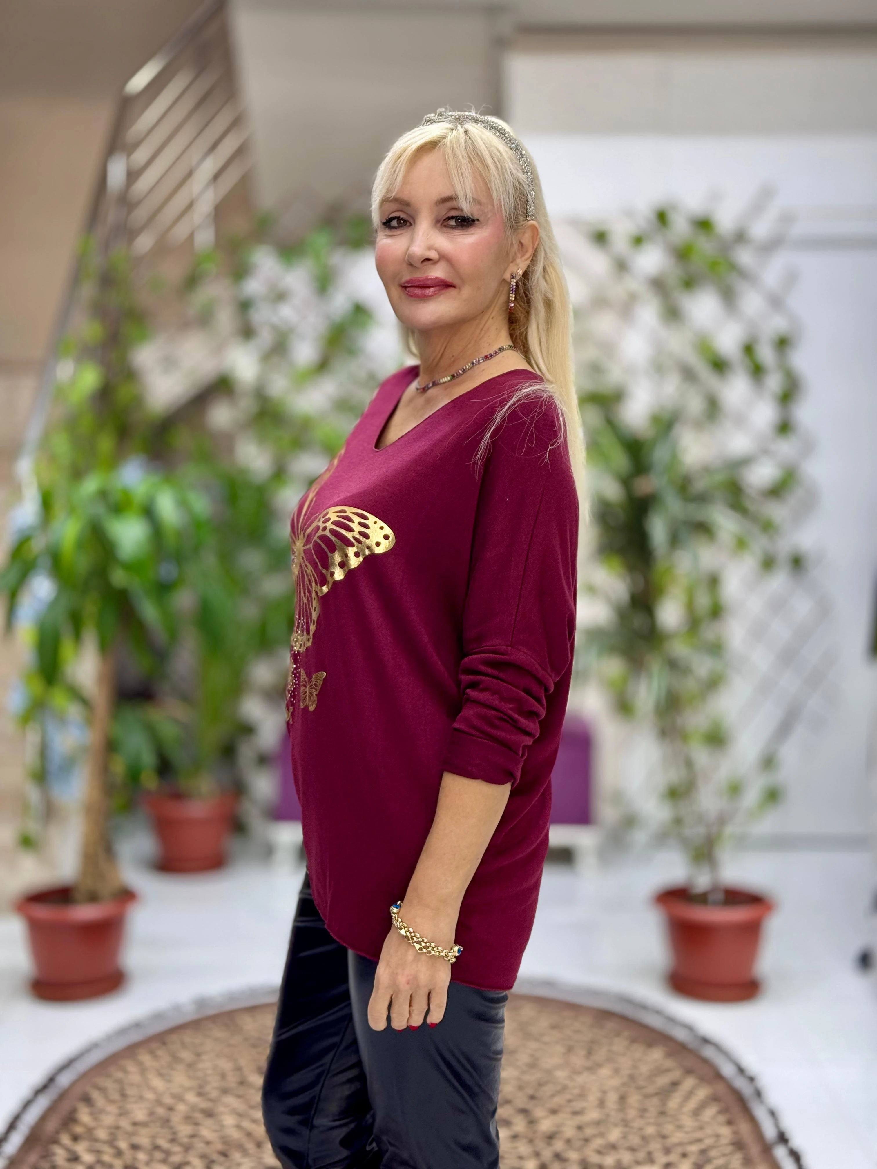 YG59100 İtalyan Taşlı ve Kelebek Baskılı Triko Bluz Bordo