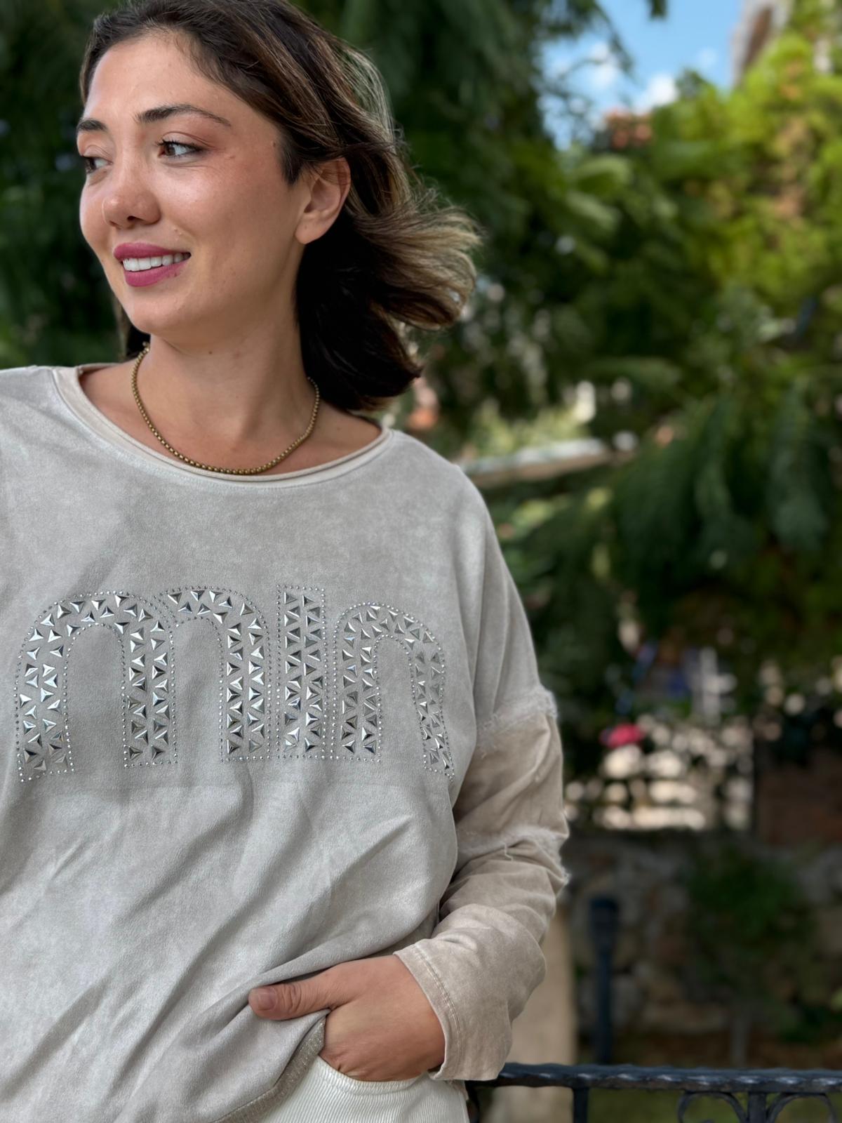NC53659C İtalyan MIN Taşlı Coton Sweatshirt Krem