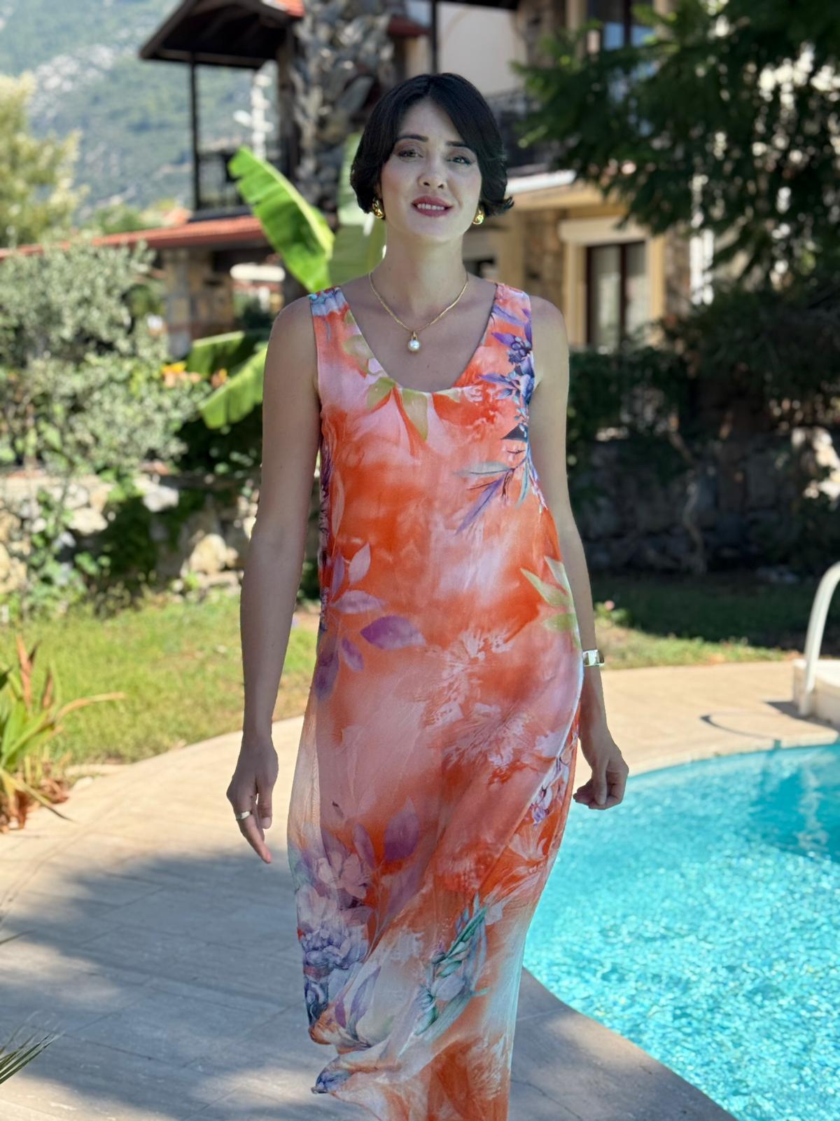 YG20641 İtalyan Çiçekli Askılı İpek Elbise Oranj