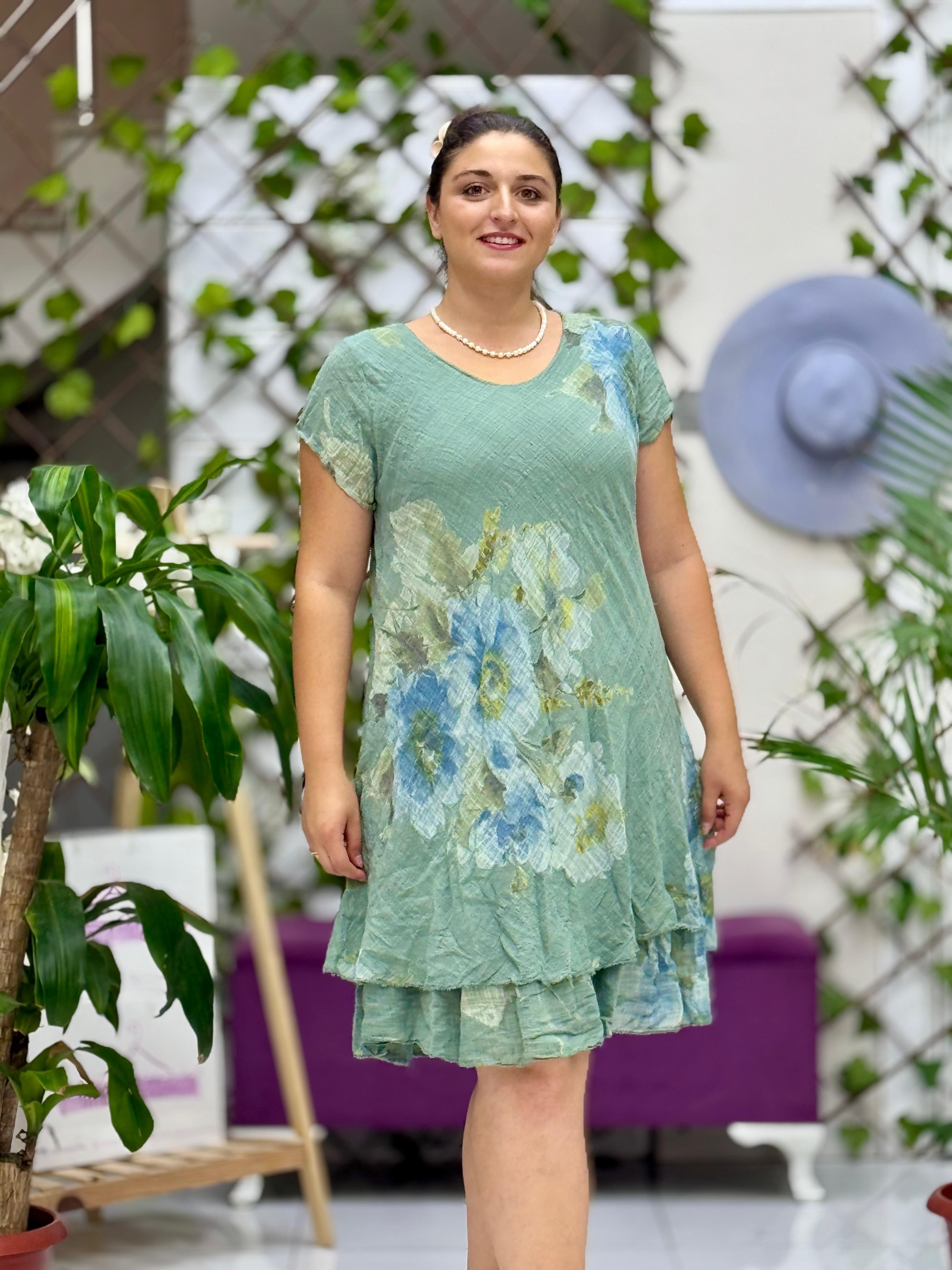 N5012-26 Vestido Italiano De Lino De Algodón Manga Corta Blanco