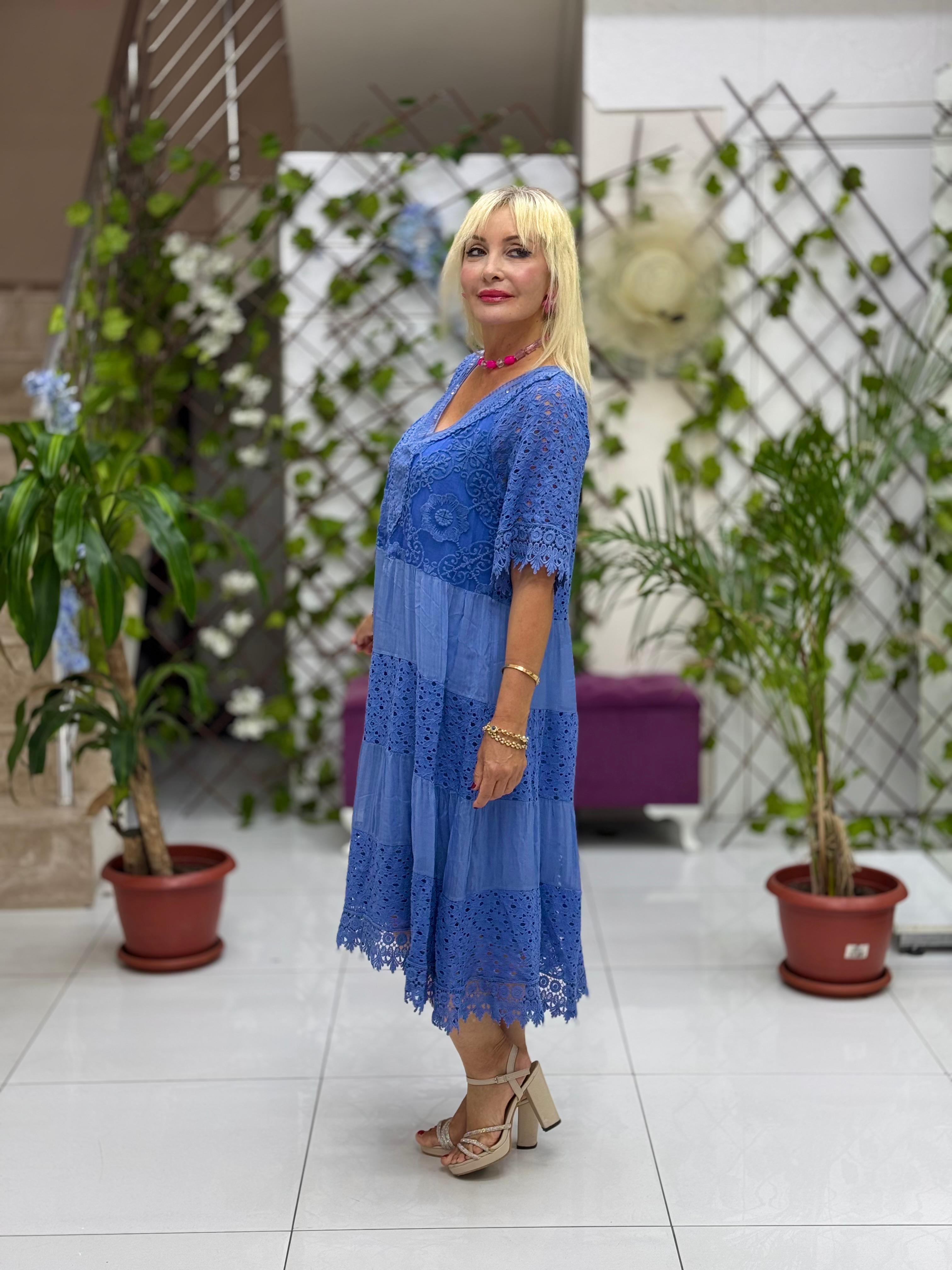 NC10938 İtalyan Pul Payetli Yarım Kol Midi İpek Elbise Mavi