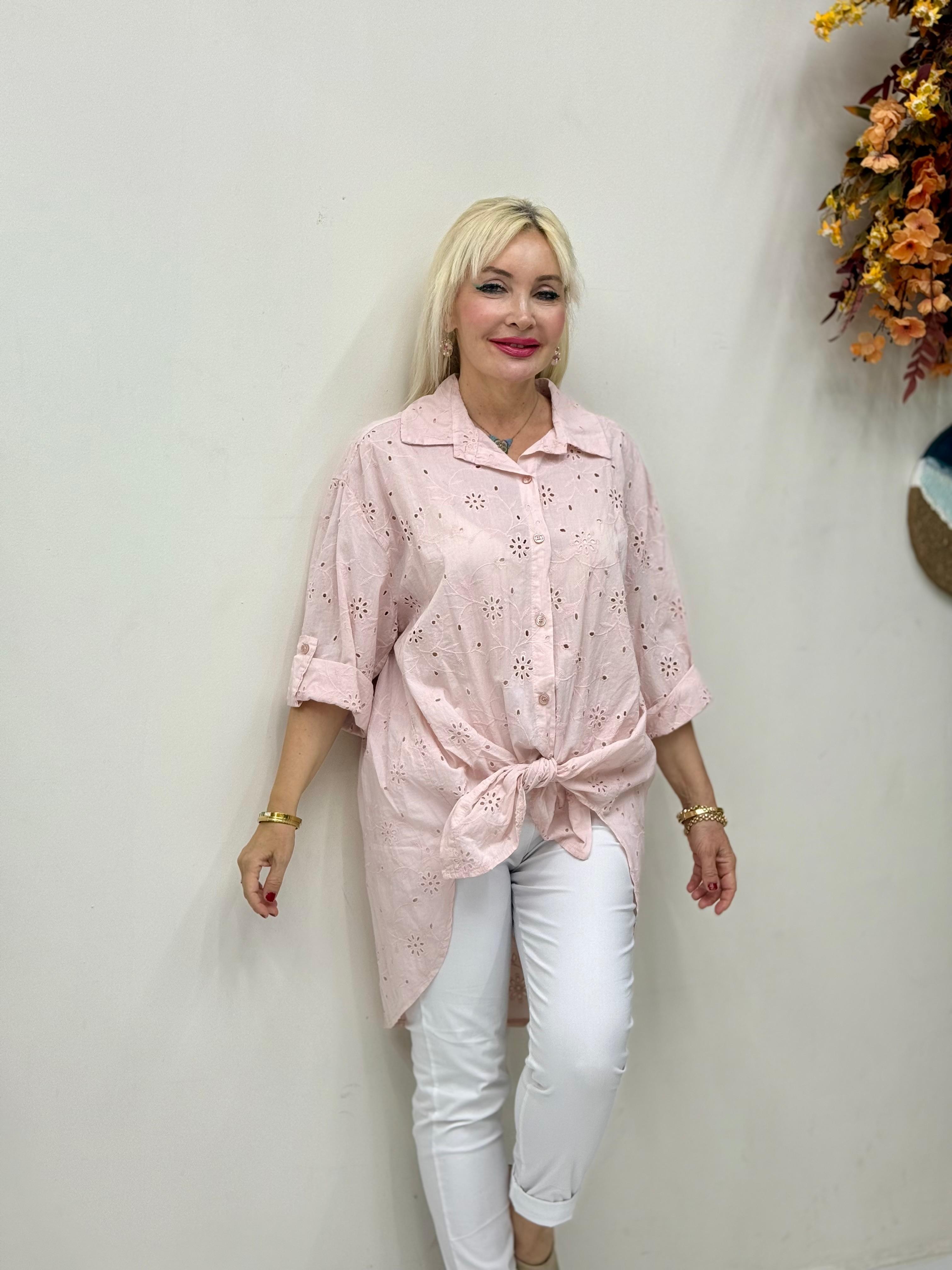 YG1360 İtalyan Brodeli Tunik Gömlek Pudra