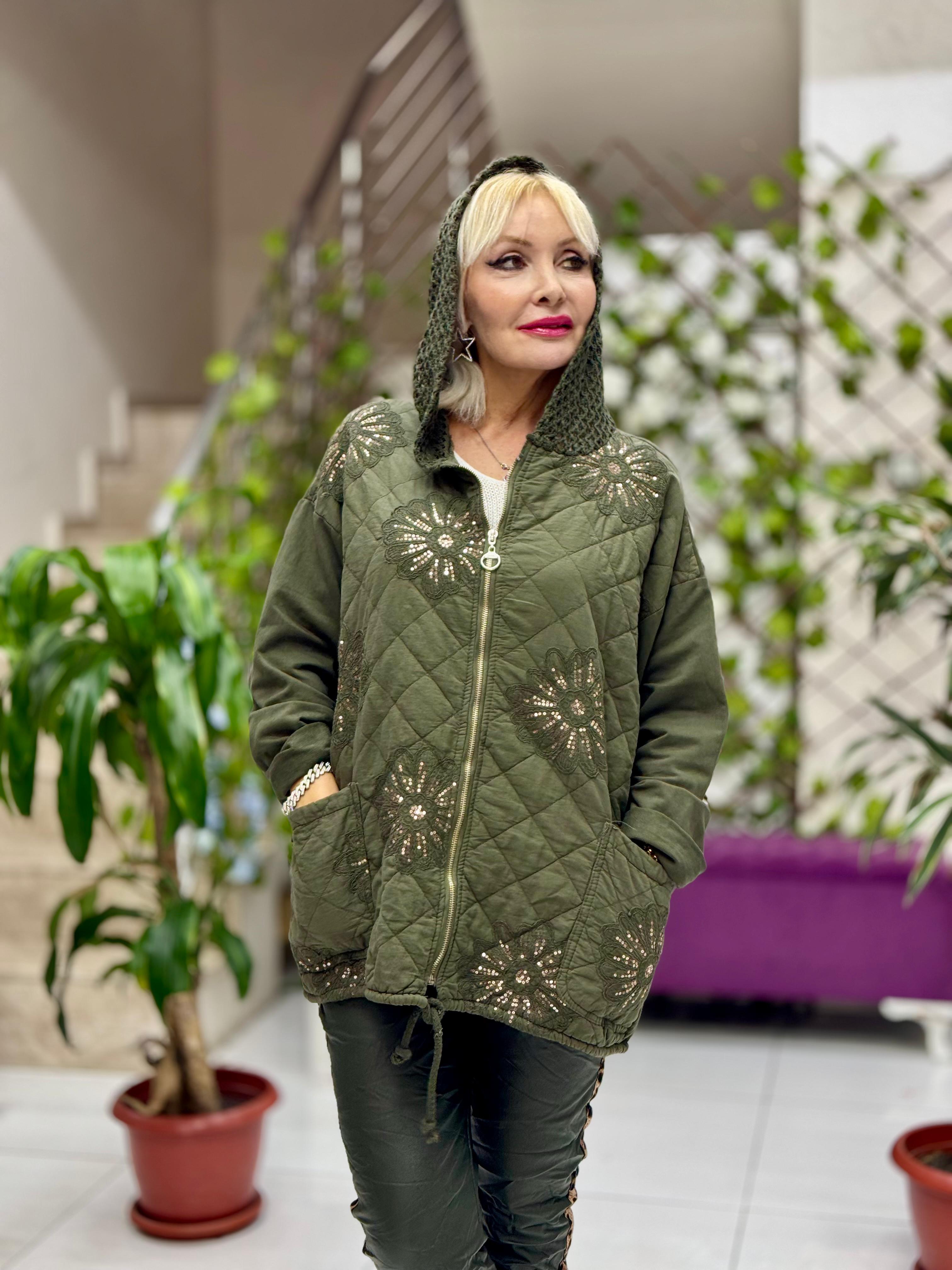 YG13176 Pulpayetli Brodeli İtalyan Kapitone Ceket Haki