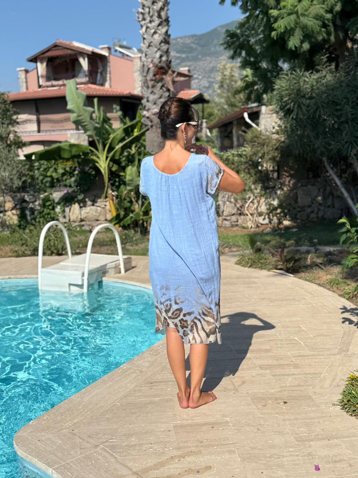 NC50848 İtalyan Pamuk Keten Astarlı Elbise Mavi