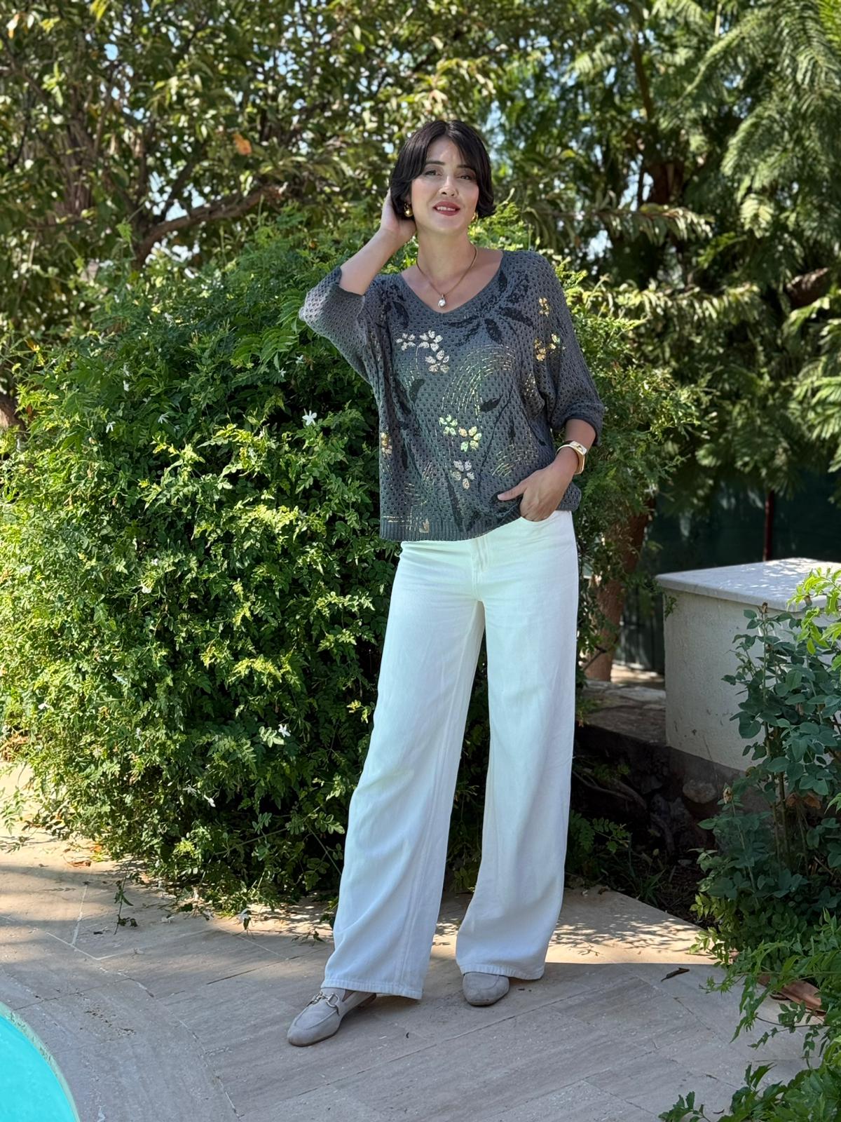 LS7514 İtalyan Yaprak Desen Triko Bluz Haki