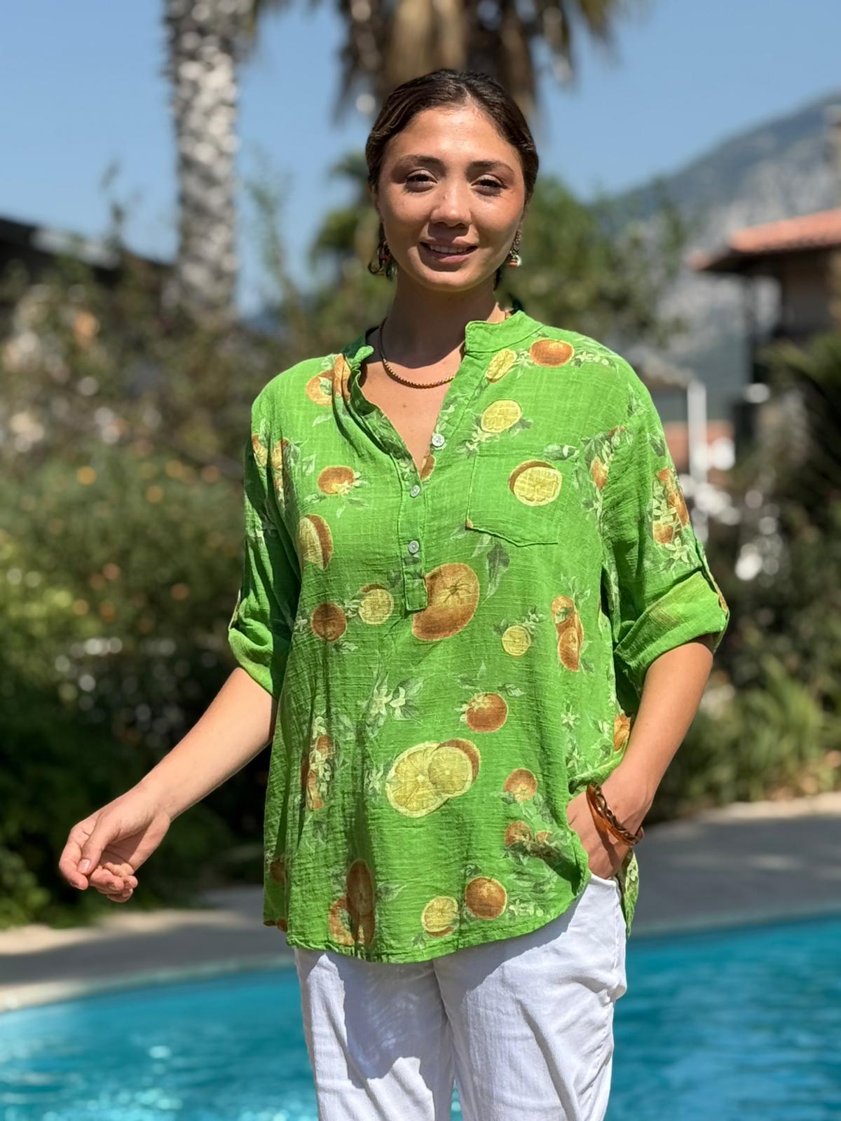 NC154553 İtalyan Pamuk Keten Bluz Yeşil