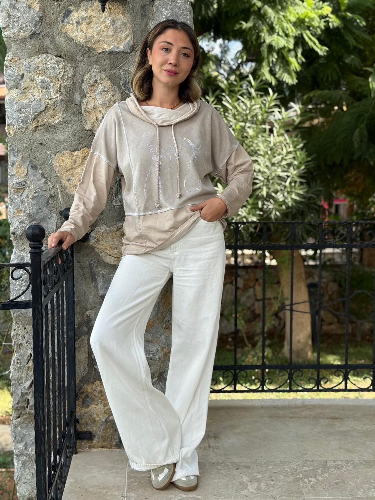 NC18533 İtalyan Joy Taşlı Kapüşonlu Coton Sweatshirt Krem