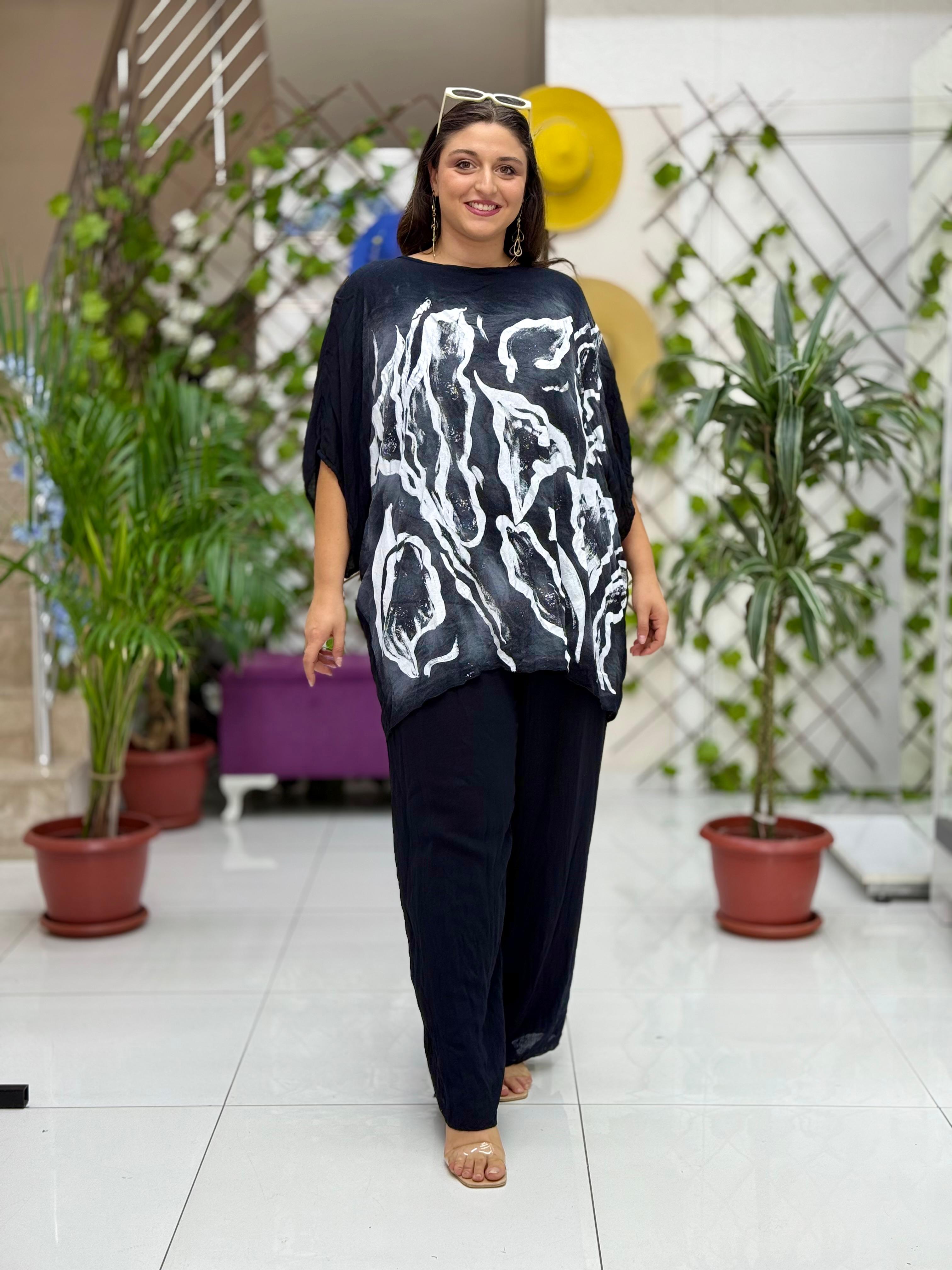 VL3159 %100 Vual Pamuk Bluz Pantolon Takım Siyah