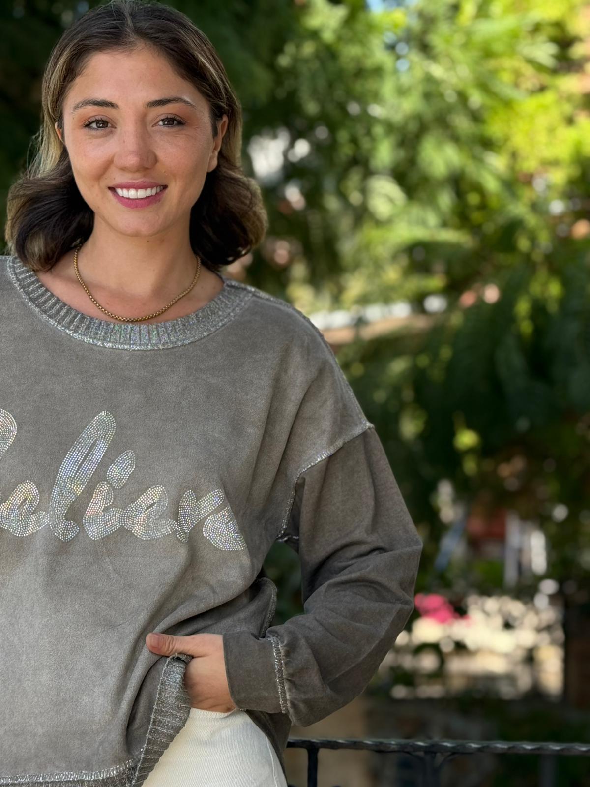 NC58939 İtalyan Believe Taşlı Sweatshirt Vizon