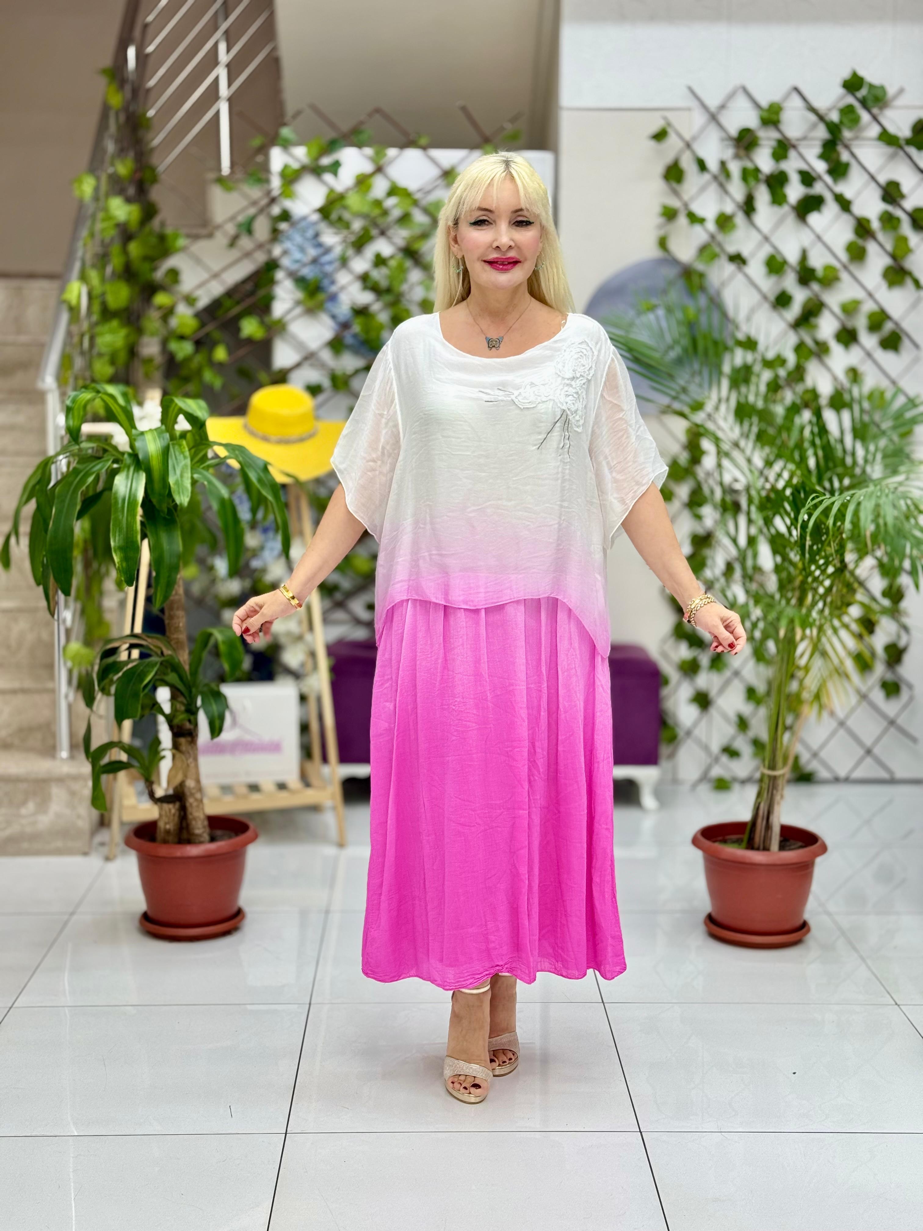 YG5041 Çiçek Desen İpek Coton Elbise Pembe