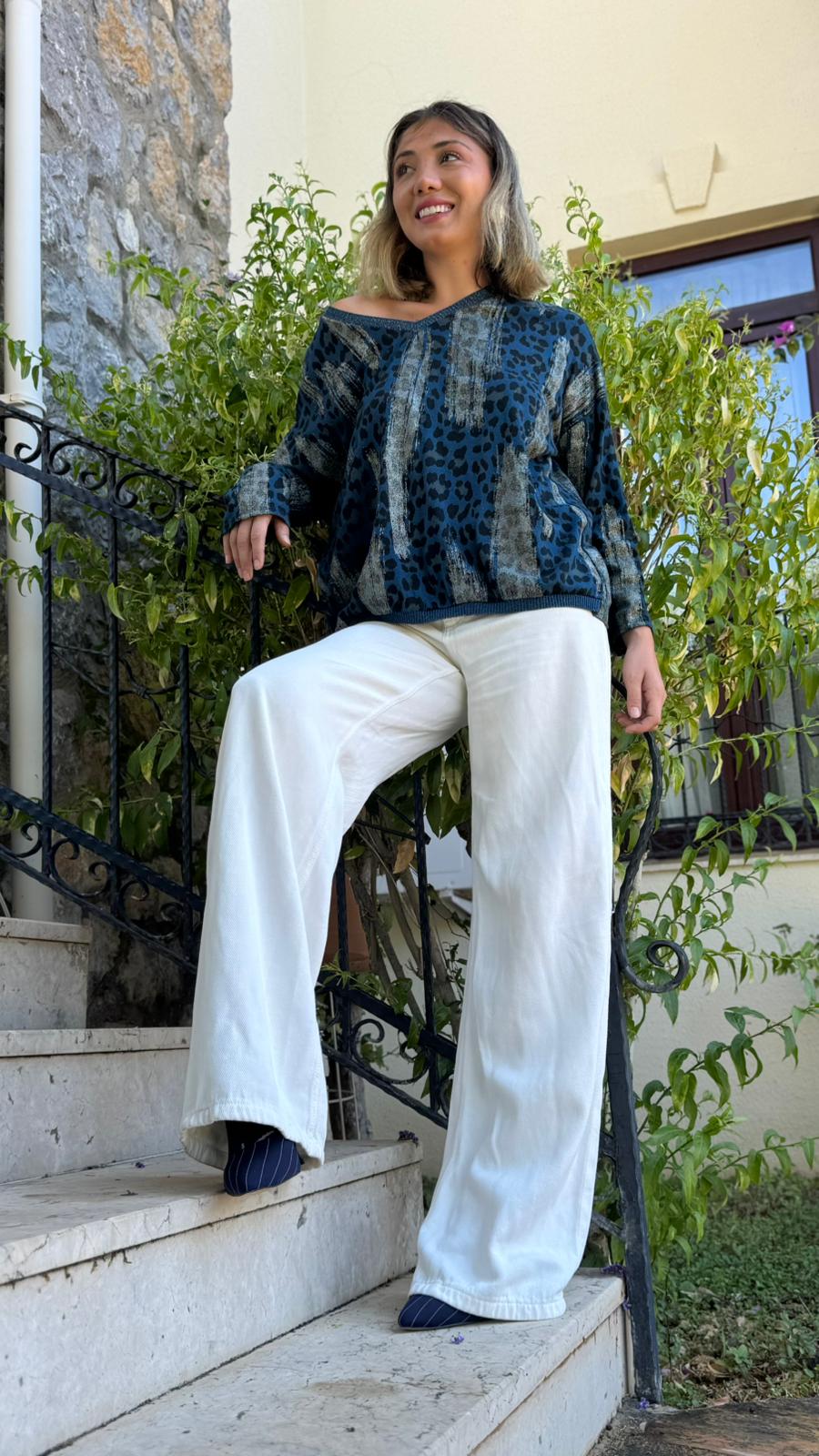 P245010 İtalyan Simli Leopar Bluz Lacivert