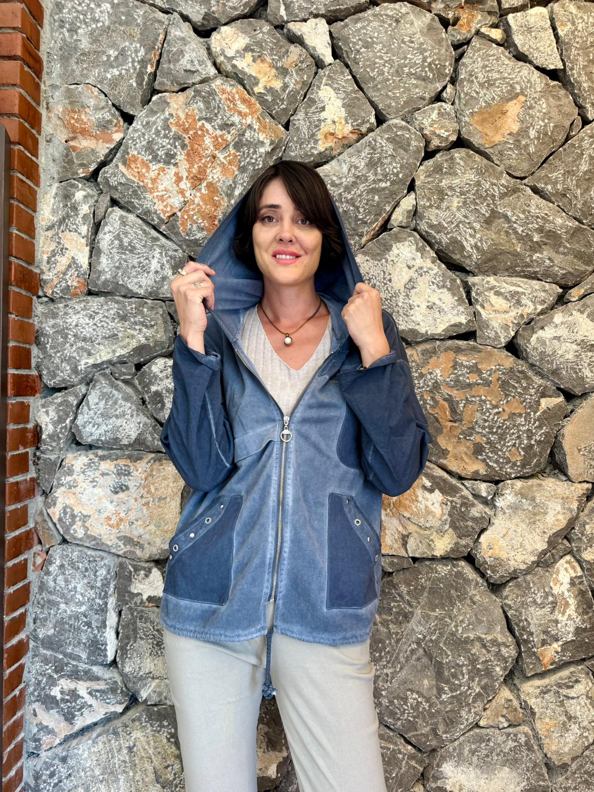 NC62020 Kapüşonlu Fermuarlı İtalyan Yıkamalı Ceket Lacivert