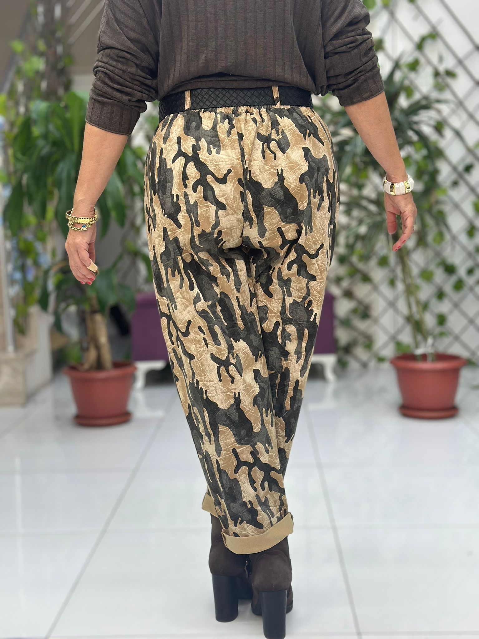 NC242975 İtalyan Kamufulaj Likralı Coton Pantolon Camel