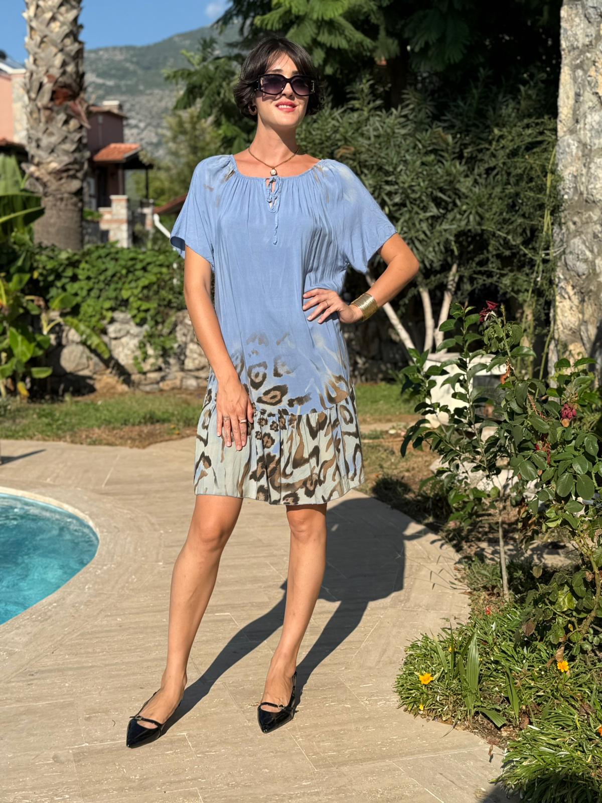 NC10526 İtalyan Yaka Lastikli Leoparlı Coton Elbise Mavi