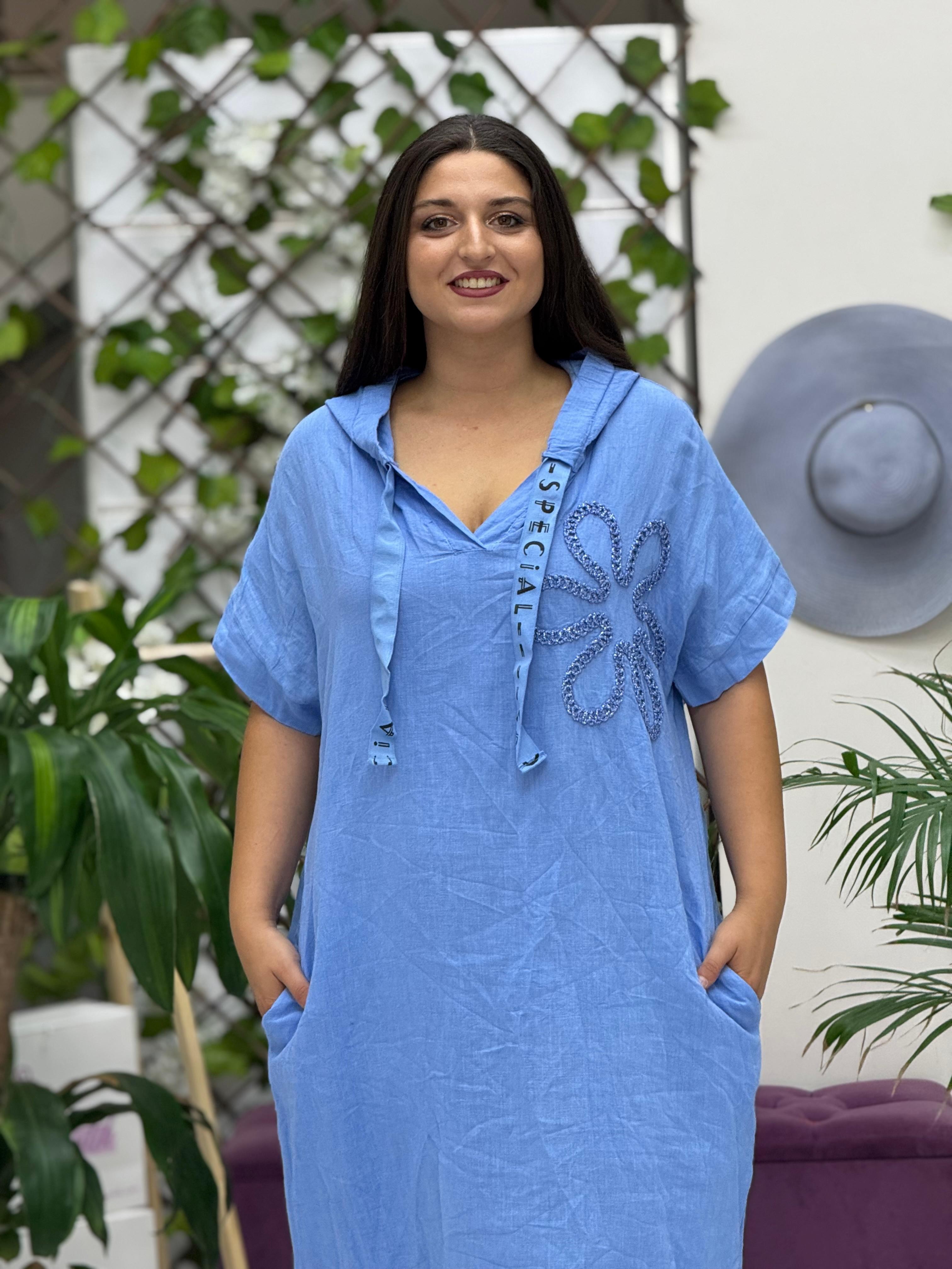 N19118 Vestido Lino Italiano Azul