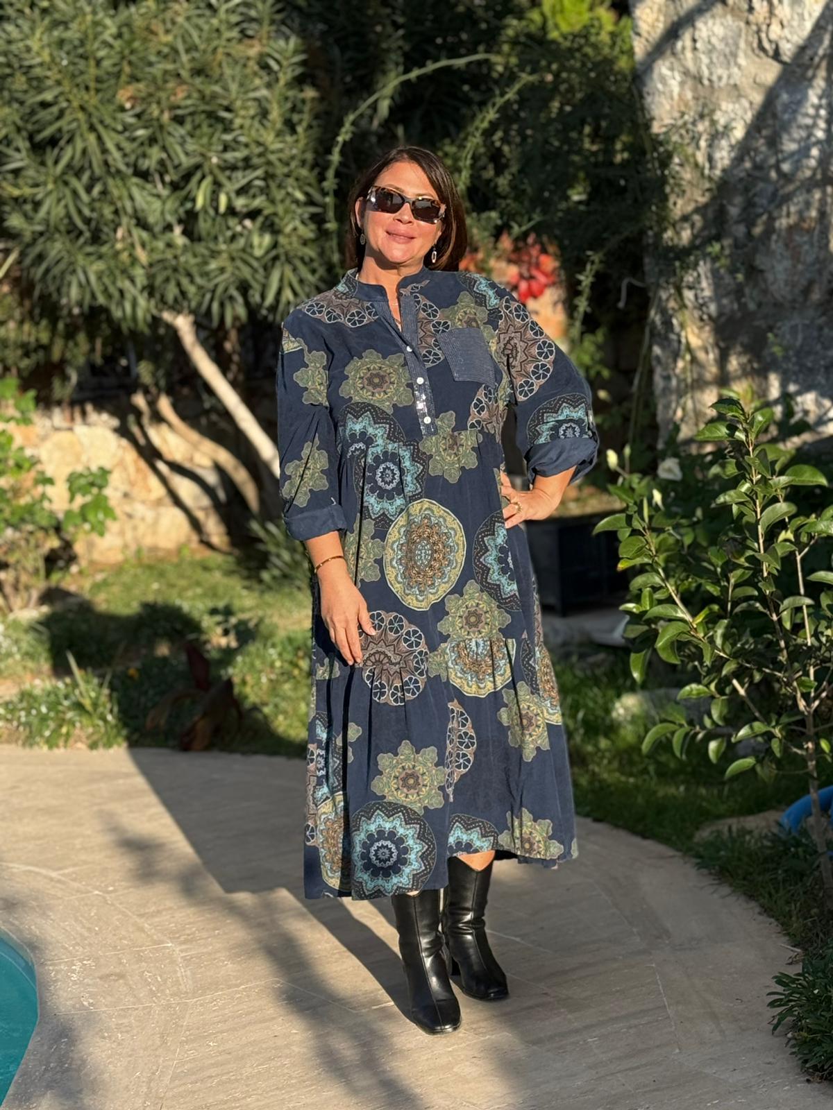 YG12573 Mandala Desen İtalyan Kadife Elbise Lacivert